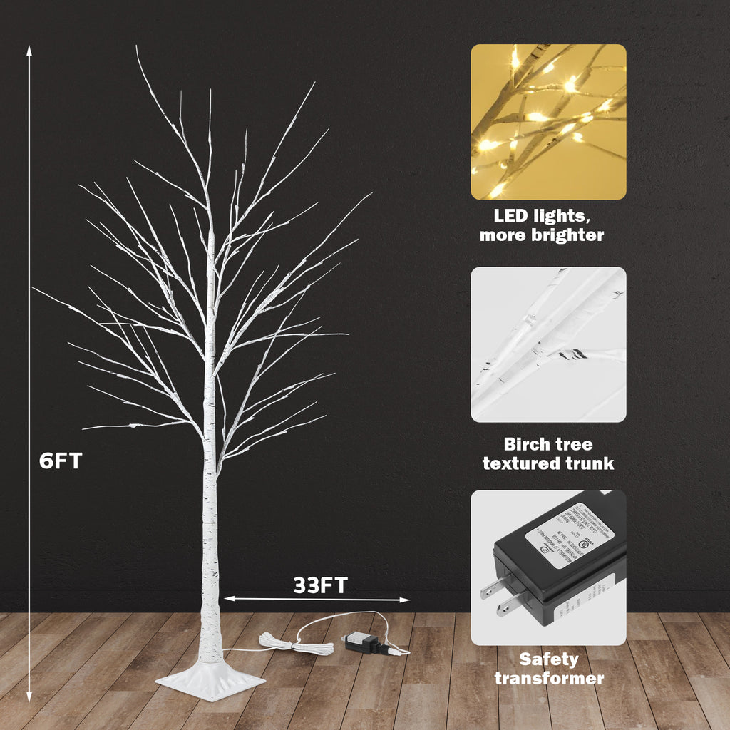 6/4FT Lighted White Birch Tree with Warm LED Fairy Lights, Pre Lit Birch Tree Indoor Outdoor Holiday Decor for Christmas Wedding Party