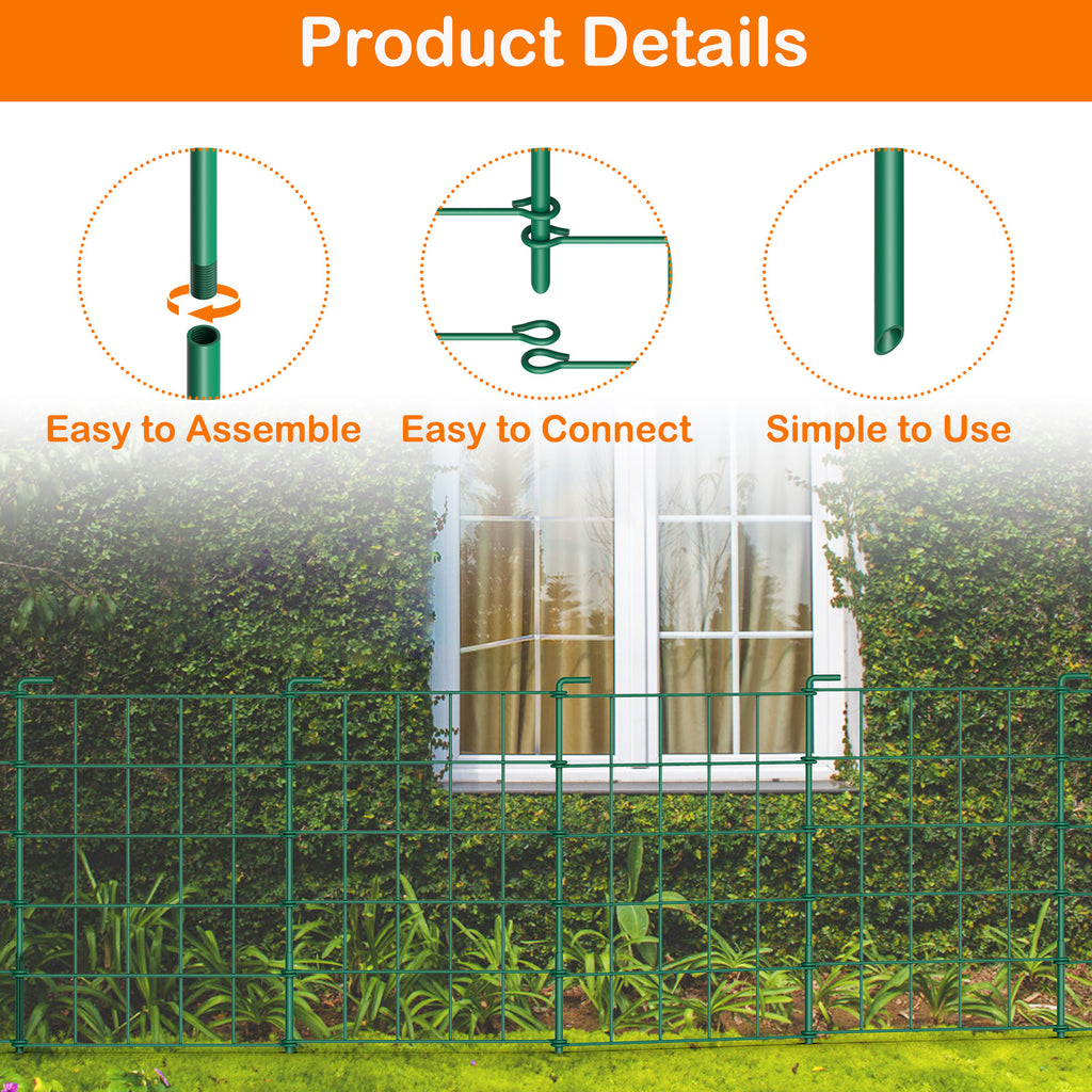 20ft Green Metal Garden Fence for Pets & Landscaping - Easy Assembly Rustproof Grid Fencing, Small Animal Barrier for Outdoor Yards & Flower Beds