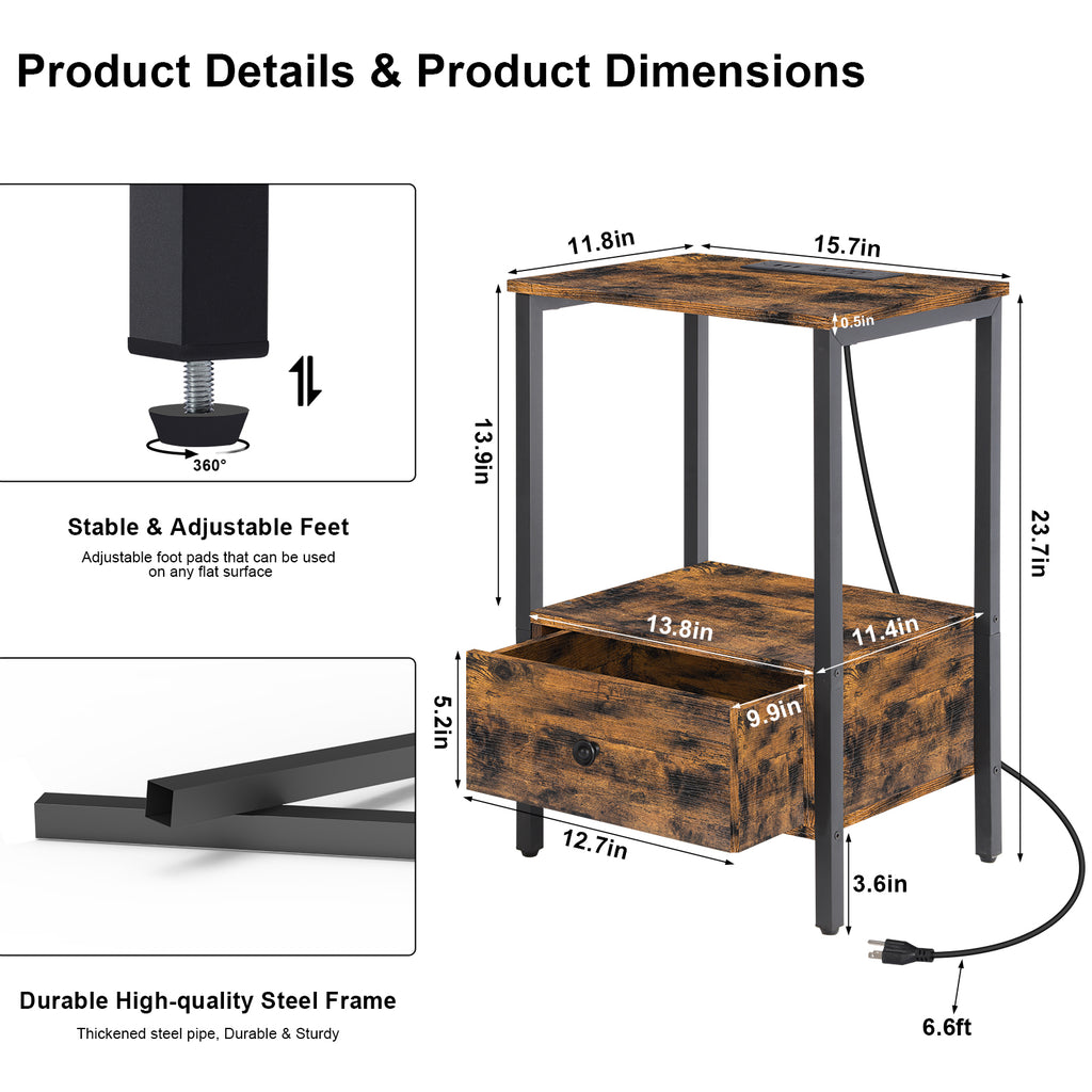 2-Tier Side End Table with Charging Station & Wooden Drawer, Rustic Bedside Nightstand for Bedroom & Workplace,