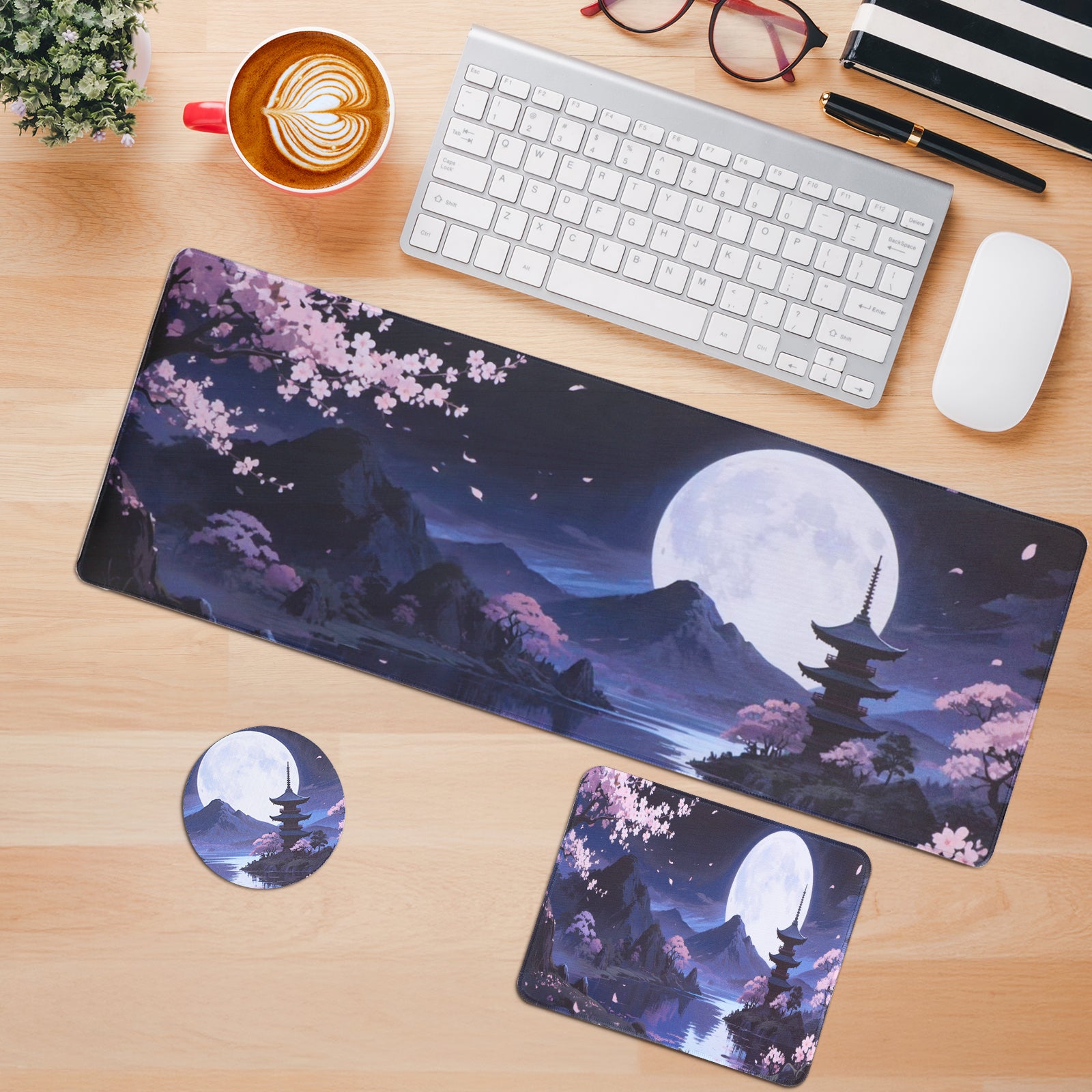 3-Piece Japanese Pagoda Desk Mat Set, Moonlight & Cherry Blossoms Extended Mouse Pad with Coaster