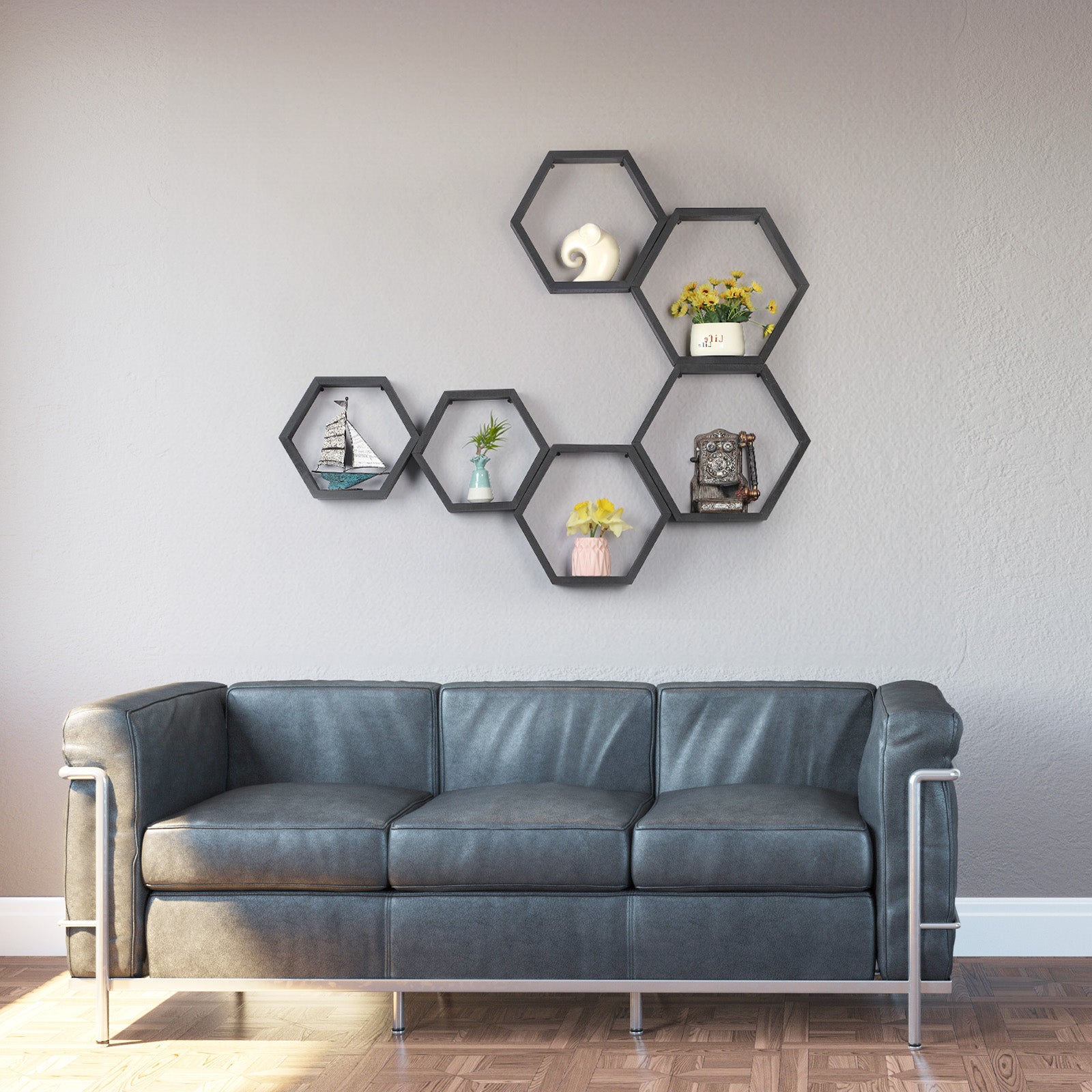 Set of 6 Black Hexagon Floating Shelves - Rustic Wood Honeycomb Wall Mounted Home Decor Storage