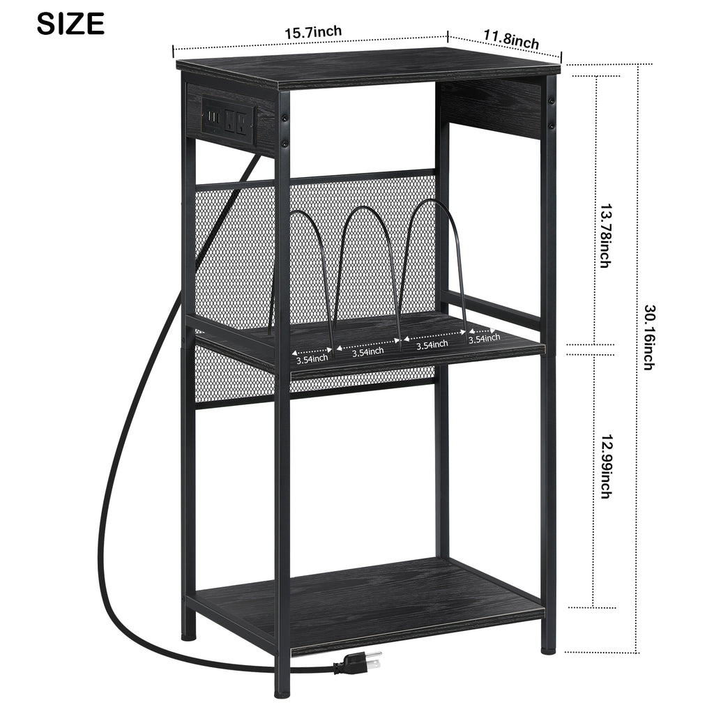 3-Tier Vinyl Storage Unit and Turntable Stand with Integrated Power Strip, 3 USB Ports, and 2 AC Outlets for Bedroom or Lounge, Black Wood Grain Finish
