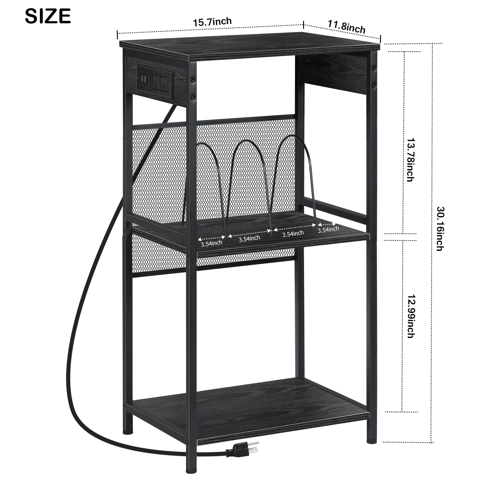 3-Tier Vinyl Storage Unit and Turntable Stand with Integrated Power Strip, 3 USB Ports, and 2 AC Outlets for Bedroom or Lounge, Black Wood Grain Finish