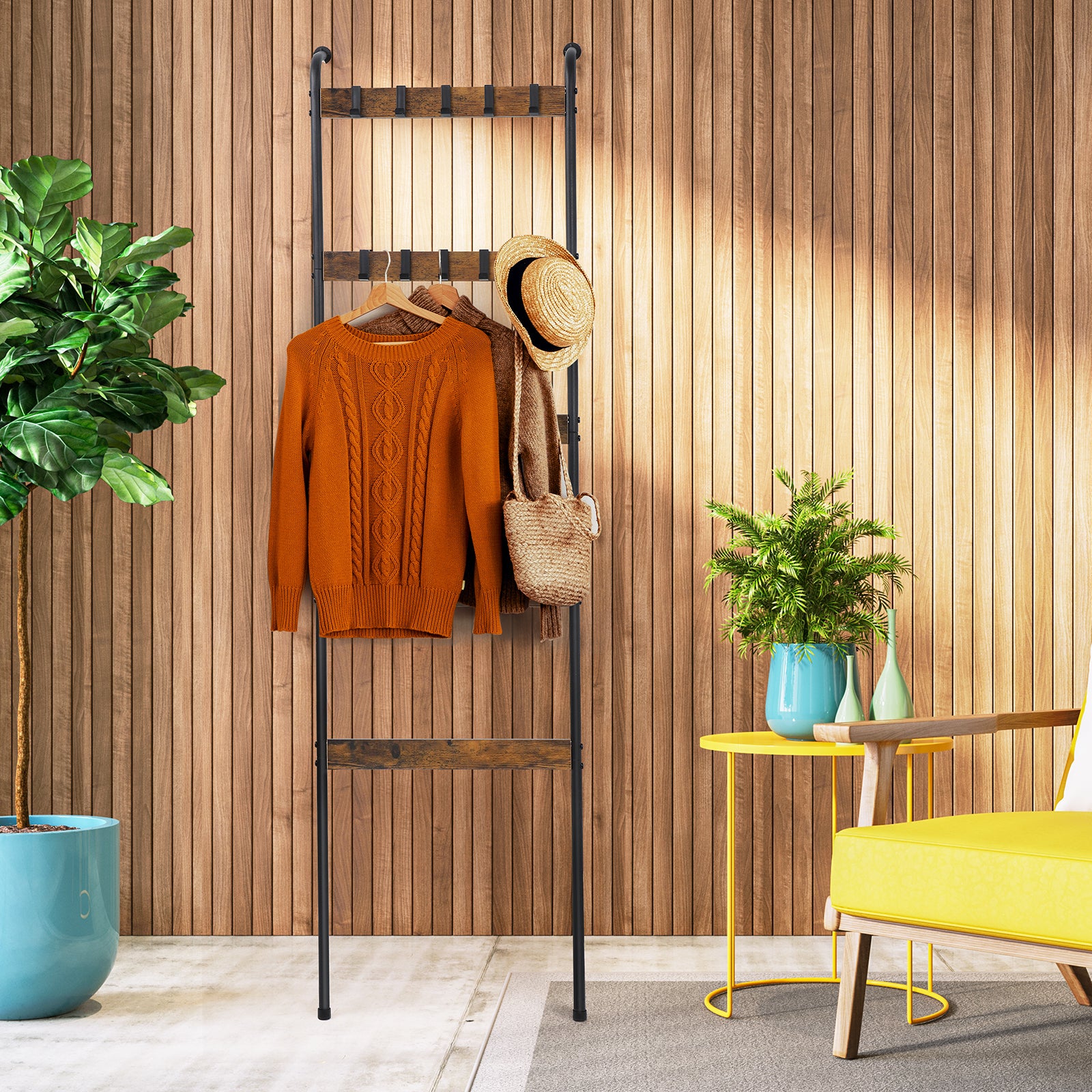 5-Tier Rustic Blanket Ladder - Wall-Leaning Towel Rack & Decorative Display Shelf w/ 10 Hooks, Brown