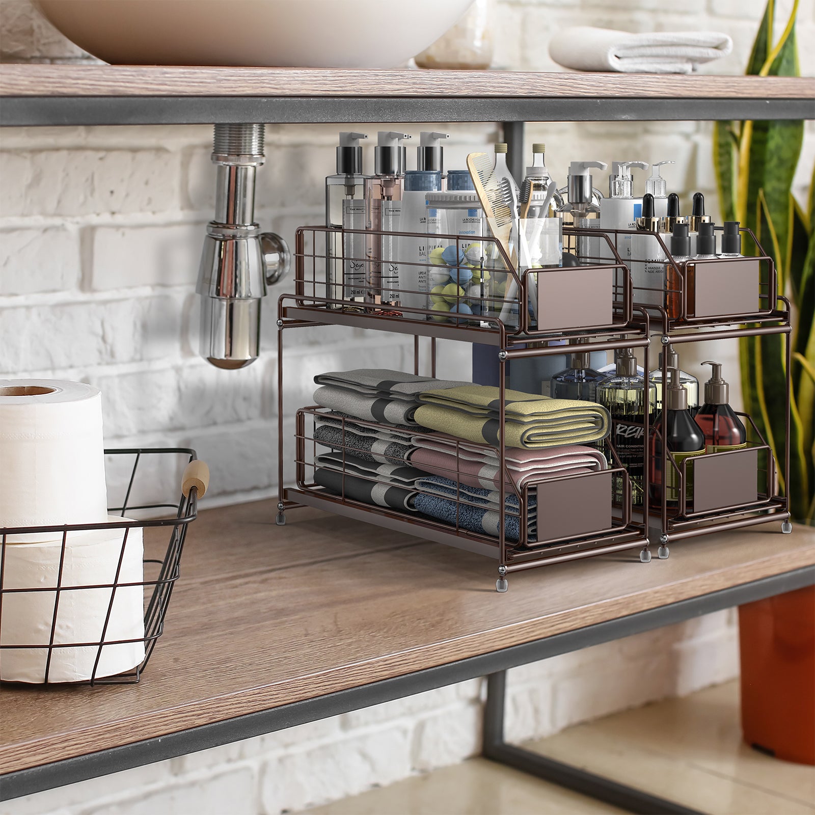 Set of 2 Under Sink Organizers -2-Tier Pull-Out Sliding Basket Storage Shelves