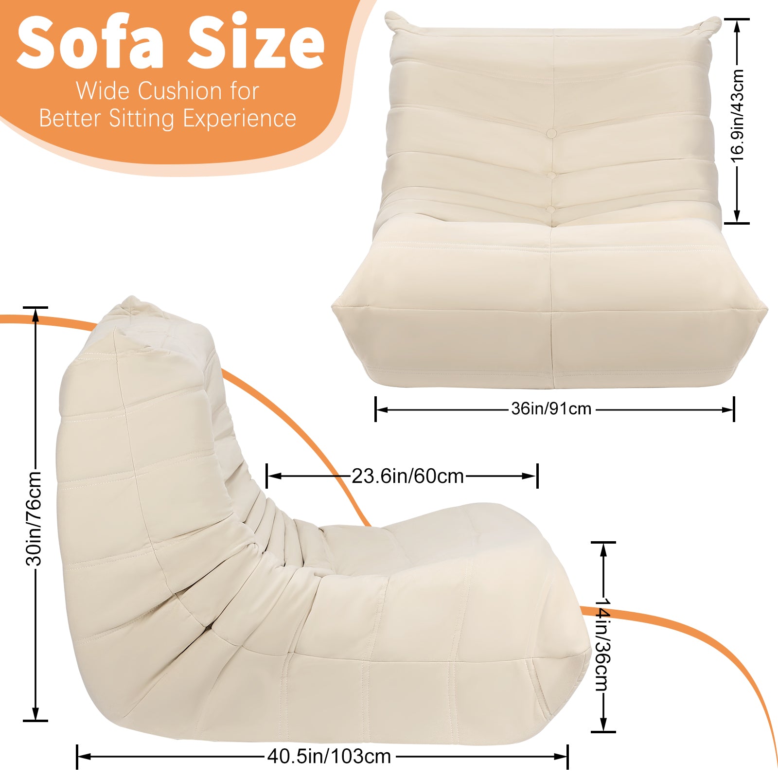 Oversized Bean Bag Chair for Adults, Memory Foam Fireside Chair and Comfy Lazy Floor Sofa for Living Room and Office, Beige,