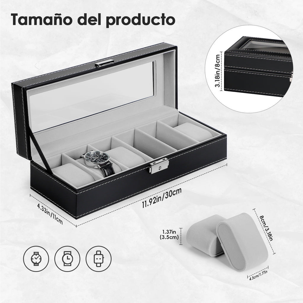 6-Slot Watch Box | Vegan Leather Display Case with Glass Viewing Top
