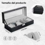 6-Slot Watch Box | Vegan Leather Display Case with Glass Viewing Top