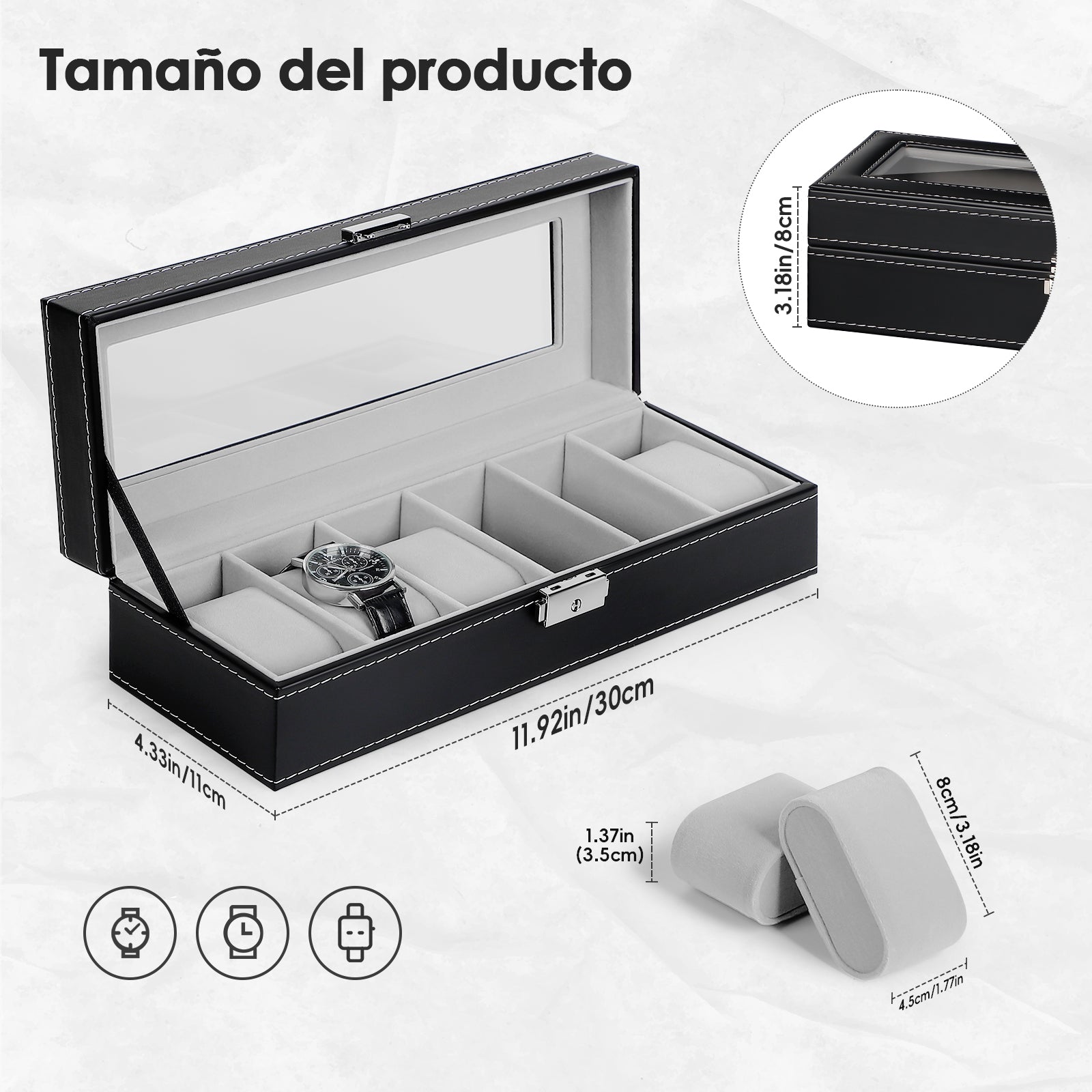 6-Slot Watch Box | Vegan Leather Display Case with Glass Viewing Top