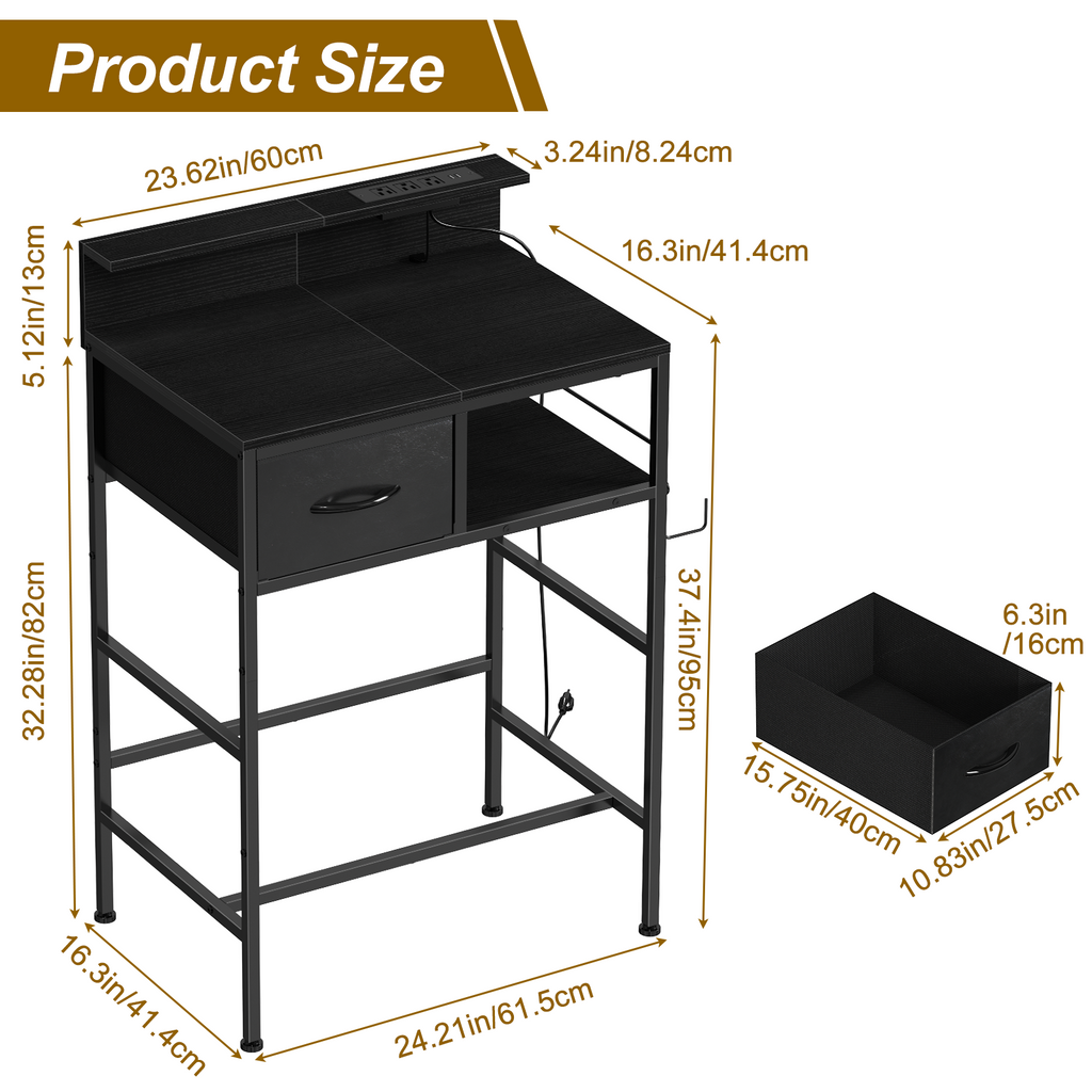 24" Small Makeup Vanity Desk - Compact Dressing Table with Power Outlets & Storage Drawer, Black,