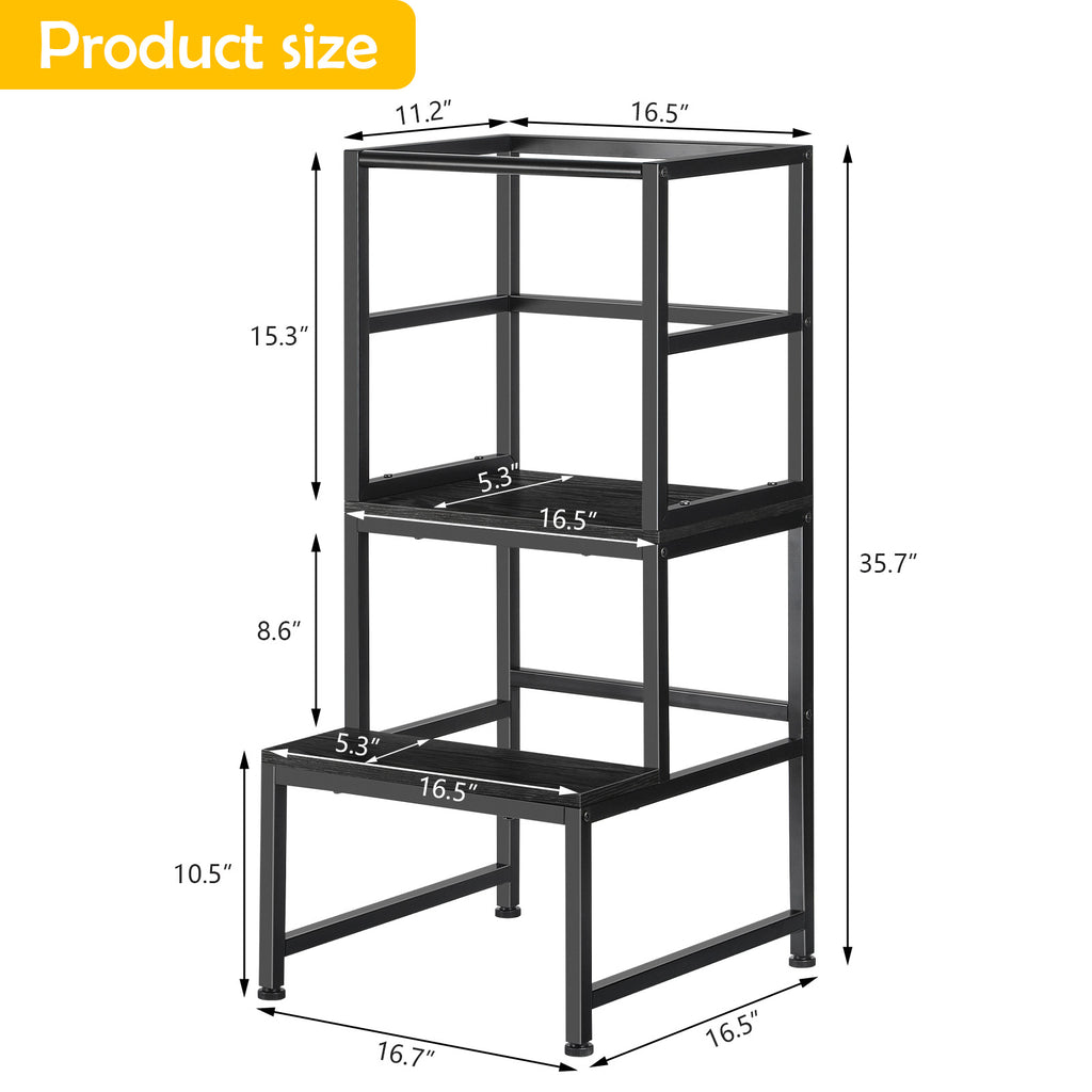 Kids' Kitchen Step Stool Helper - Adjustable Standing Tower with Safety Rail for Toddlers, Black,