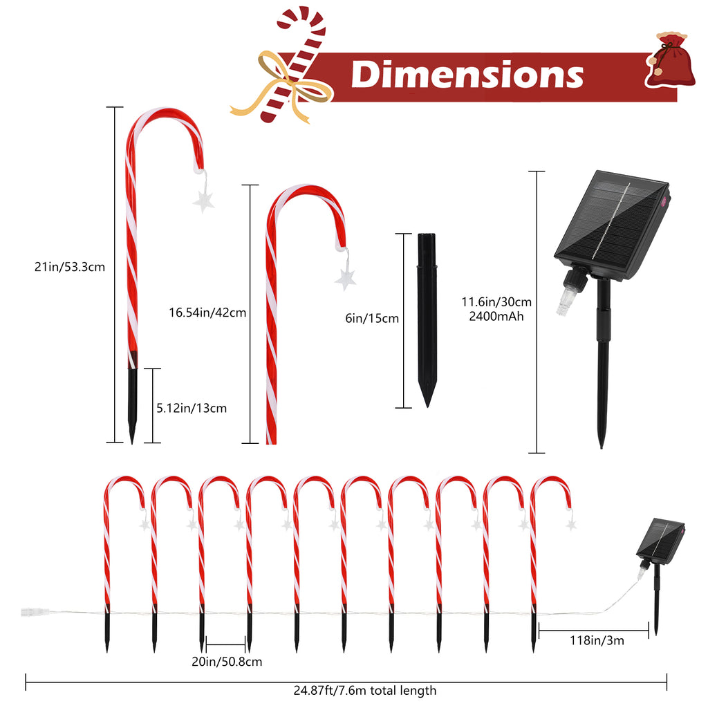 10 Pack 21" Solar Candy Cane Lights w/ Remote - Waterproof Outdoor Christmas Decorations