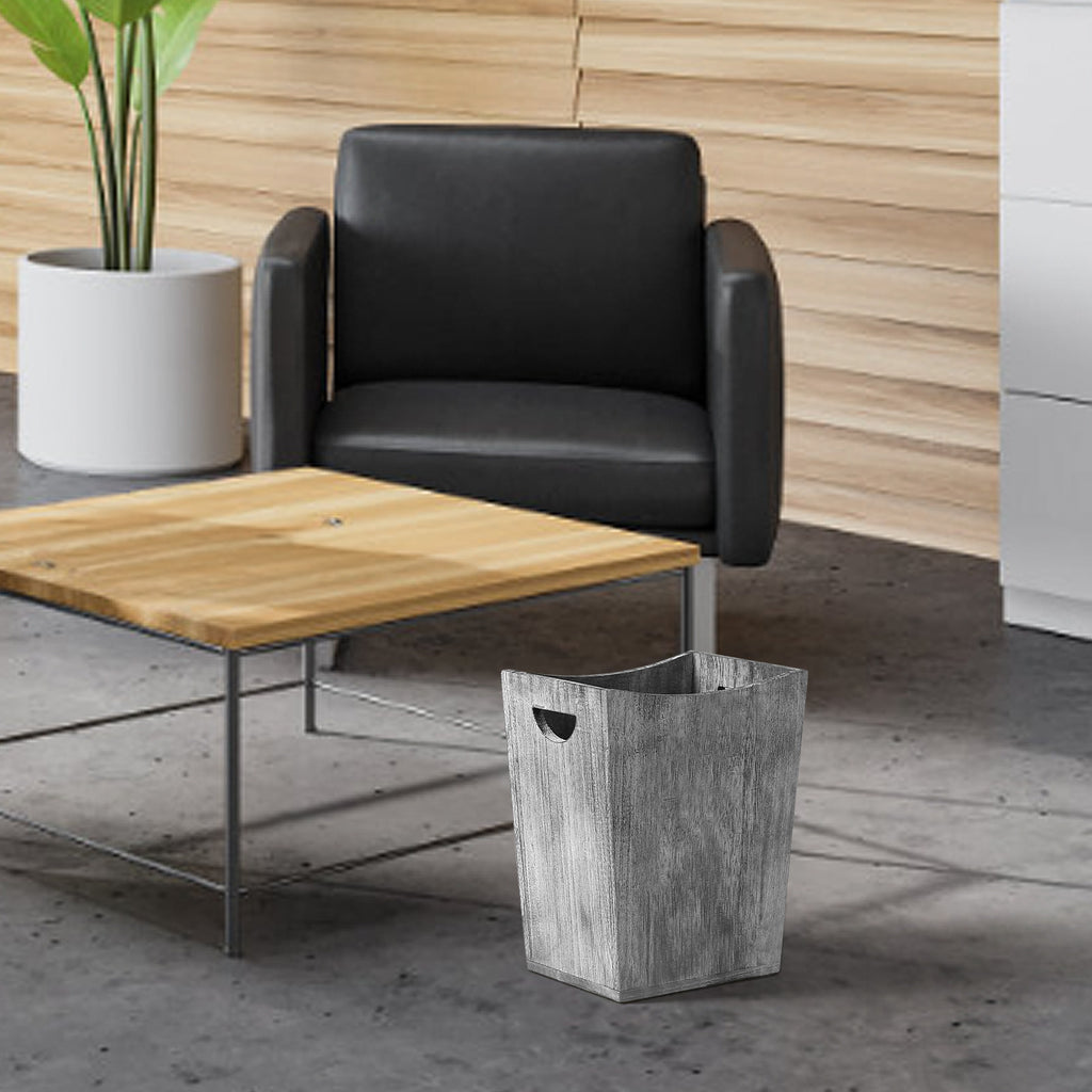 Small Grey Distressed Wood Bin with Dual Handles for Trash Disposal in Bedrooms and Bathrooms
