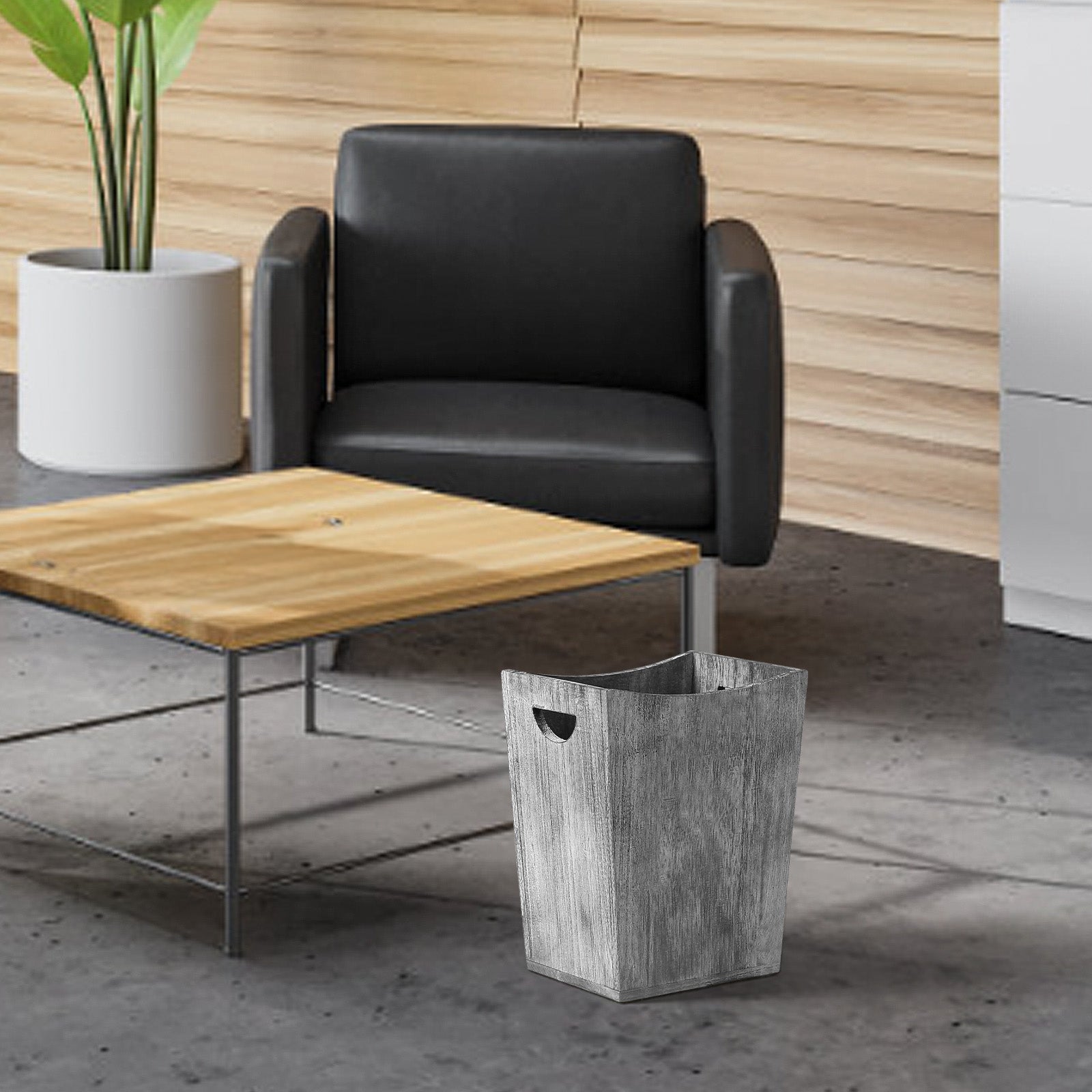 Small Grey Distressed Wood Bin with Dual Handles for Trash Disposal in Bedrooms and Bathrooms