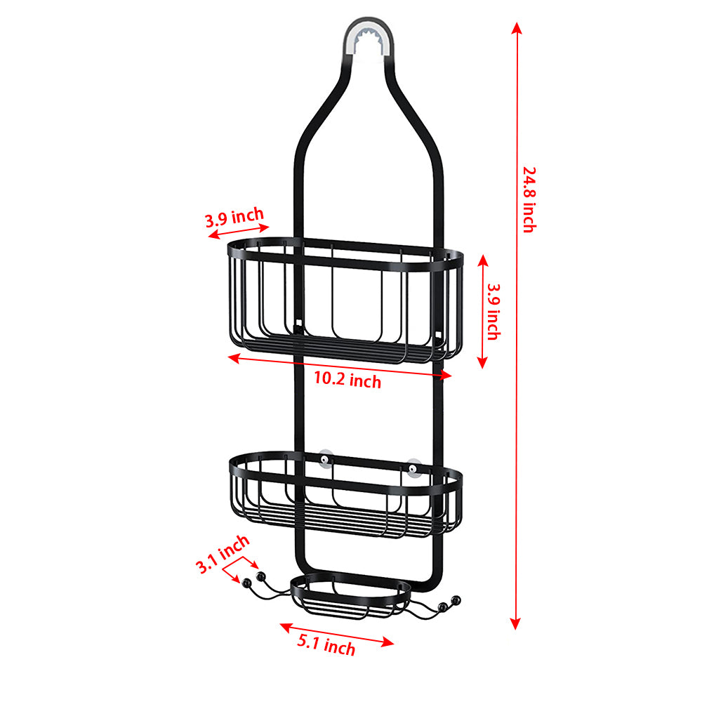 Bathroom Shower Head Hanging Caddy, Heavy Duty Powder Coated Anti-Rust Shower Organizer with 3 Storage Baskets, Drill-Free Shower Rack Accessories Holder for Bathroom Tub