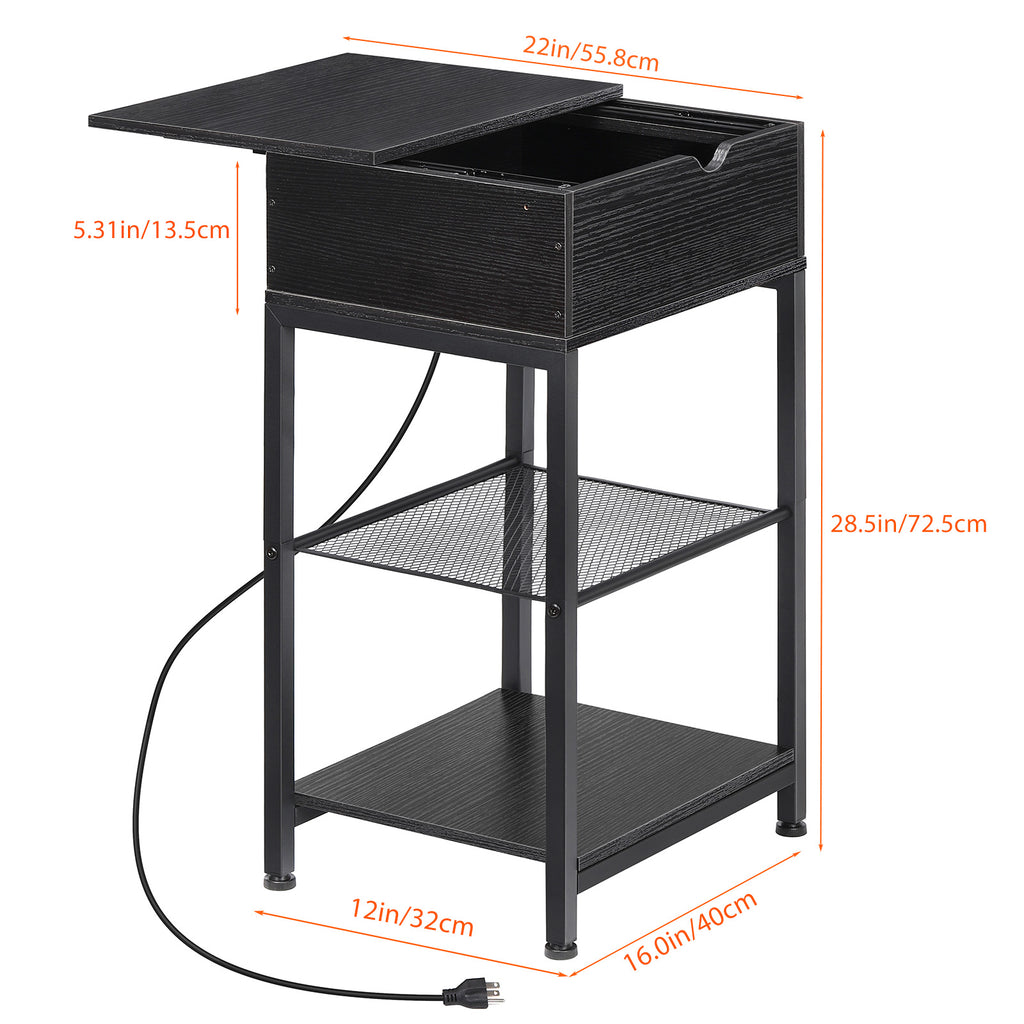 Narrow End Table with Charging Station & Flip-Top Storage, Industrial Side Nightstand with Hidden Drawer & Shelves for Small Spaces,