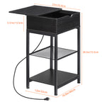 Narrow End Table with Charging Station & Flip-Top Storage, Industrial Side Nightstand with Hidden Drawer & Shelves for Small Spaces,