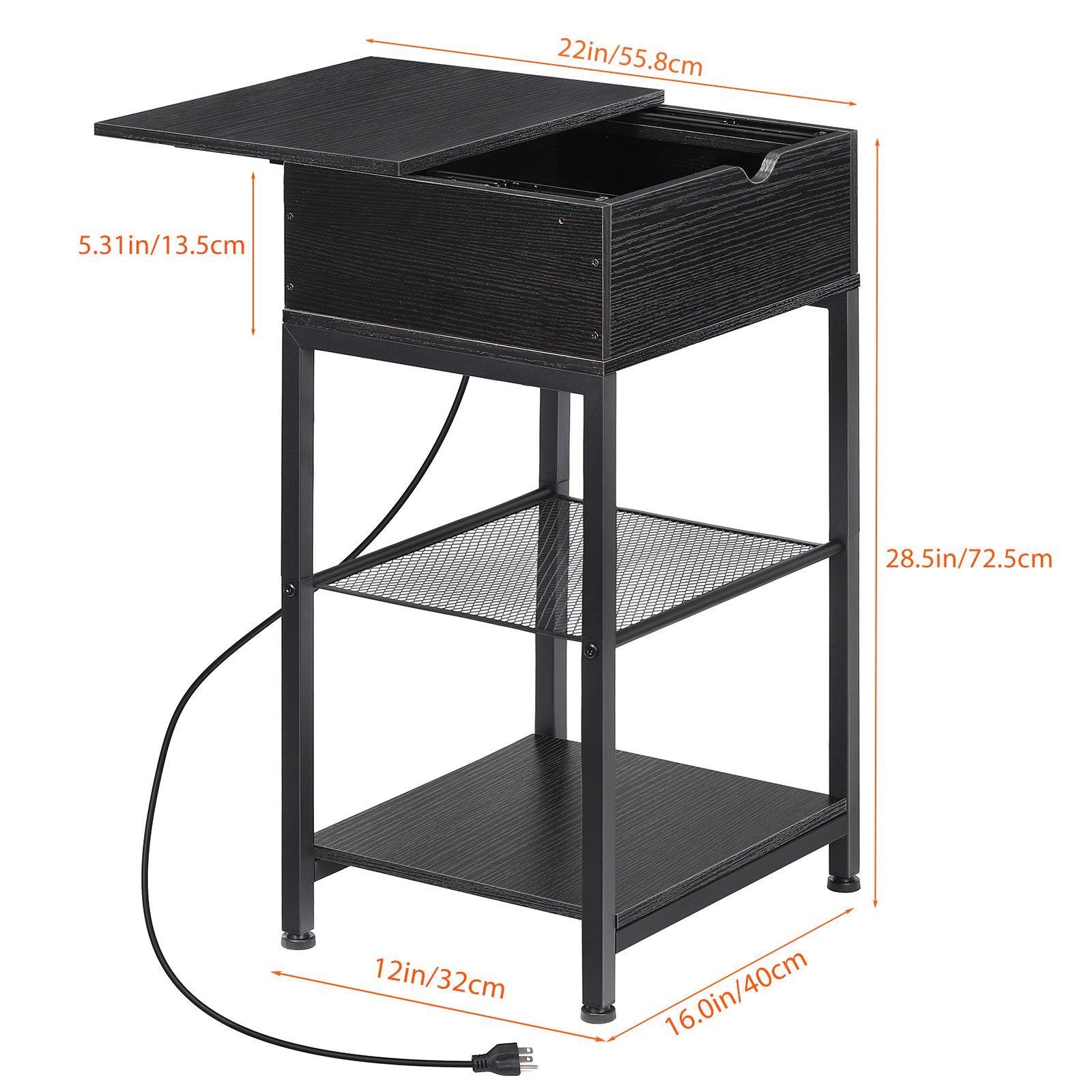 Narrow End Table with Charging Station & Flip-Top Storage, Industrial Side Nightstand with Hidden Drawer & Shelves for Small Spaces,