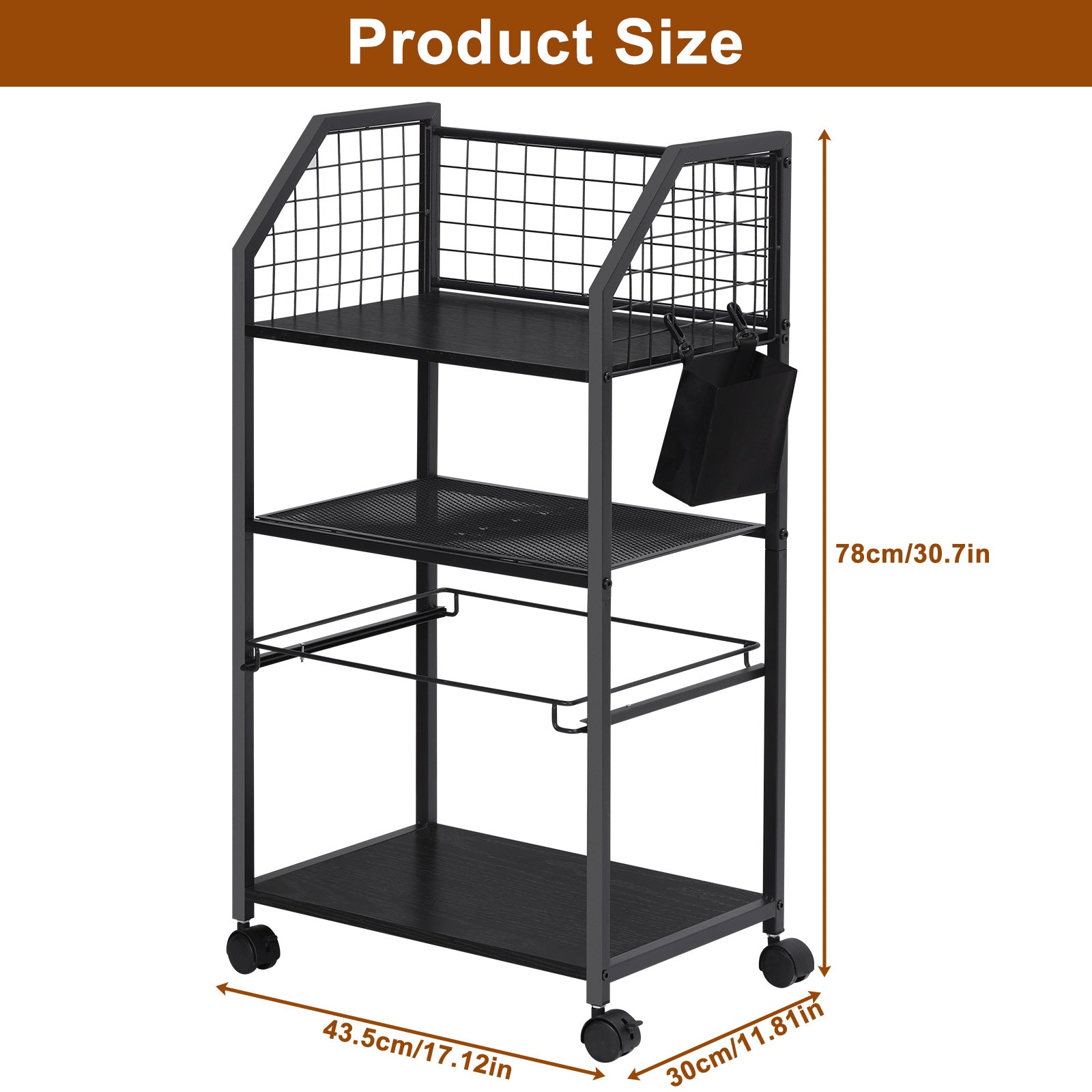 3 Tier Rolling File Cart with Hanging File Folders, Desk Organizer, File Organizer for Desk, Mobile File Cabinet on Lockable Wheels, Under Desk Storage for Home Office School