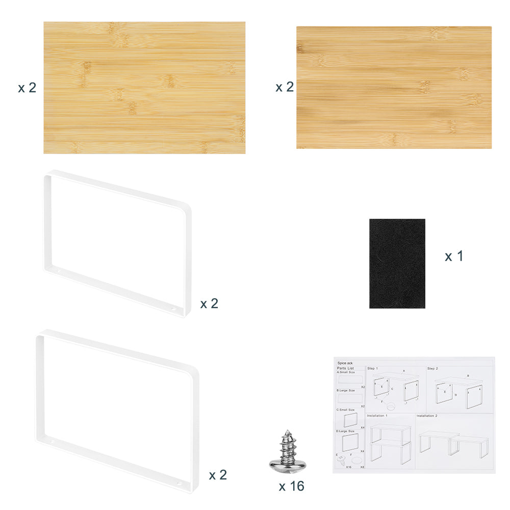 4-Pack Stackable Cabinet Shelf Organizers - White Metal & Wood Kitchen Counter Storage Shelves