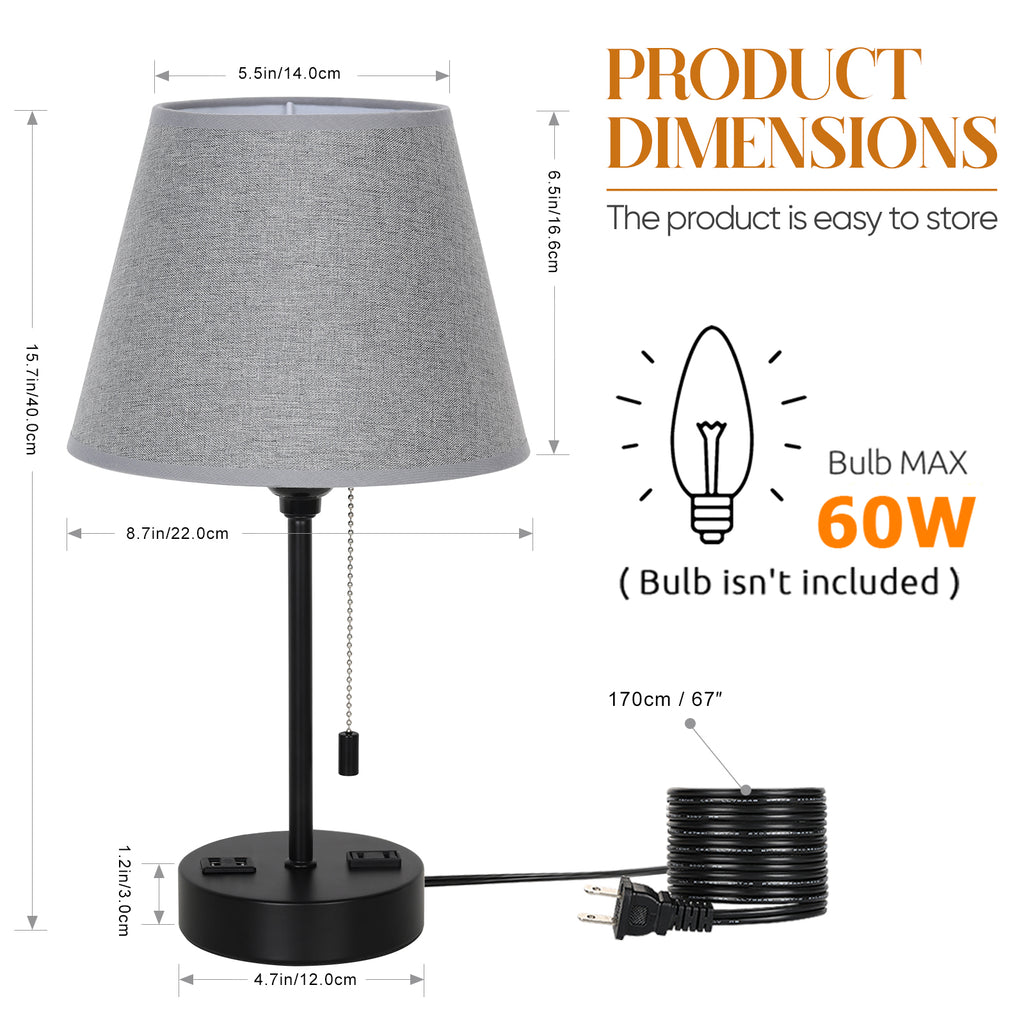 Table lamp, set of two bedside lamps, with 2 USB ports, zipper switch, modern style bedside table lamp, gray lampshade, suitable for bedroom, study, living room, dining room, tavern