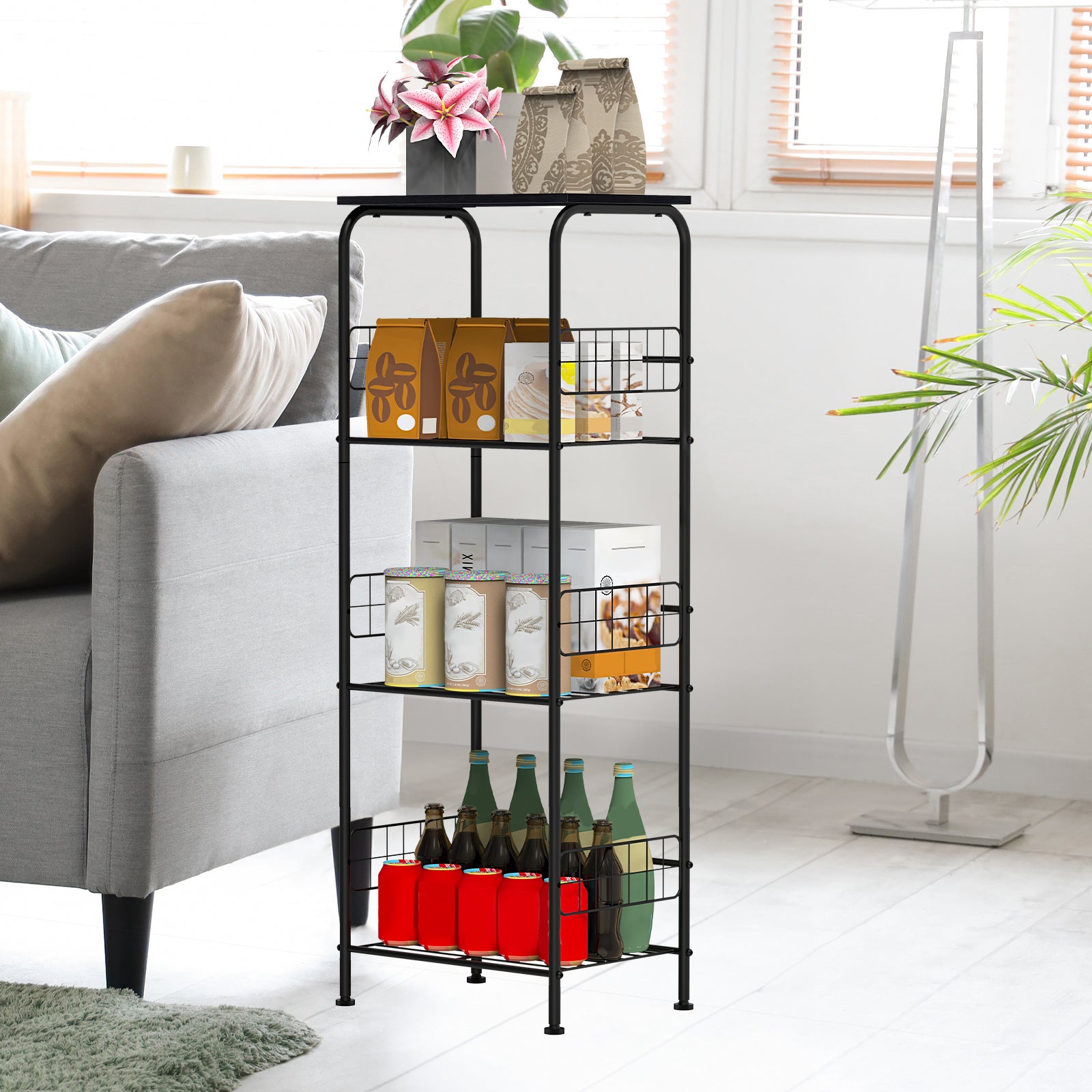 4-Tier Rolling Kitchen Cart, Black Metal Utility Storage Cart with Wheels for Kitchen, Pantry, Bathroom