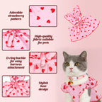 Strawberry Print Pet Dress with 2 Pack Adjustable Cat Collars with Bell, Cute Ruffle Bow Pet Clothes for Small Medium Cats, Kitten Girl Outfit, Soft Lightweight Puppy Costume for Daily Party Wear