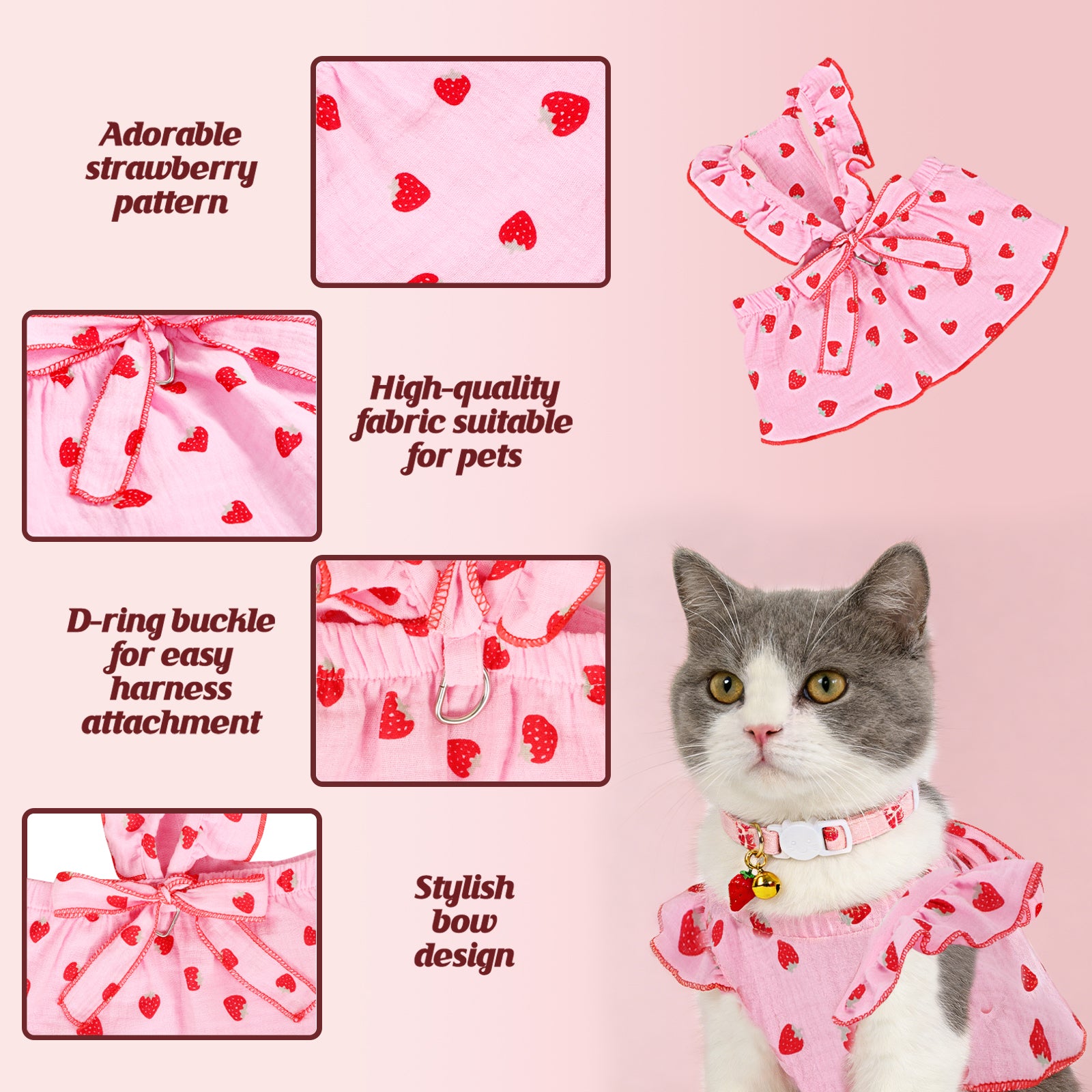 Strawberry Print Pet Dress with 2 Pack Adjustable Cat Collars with Bell, Cute Ruffle Bow Pet Clothes for Small Medium Cats, Kitten Girl Outfit, Soft Lightweight Puppy Costume for Daily Party Wear