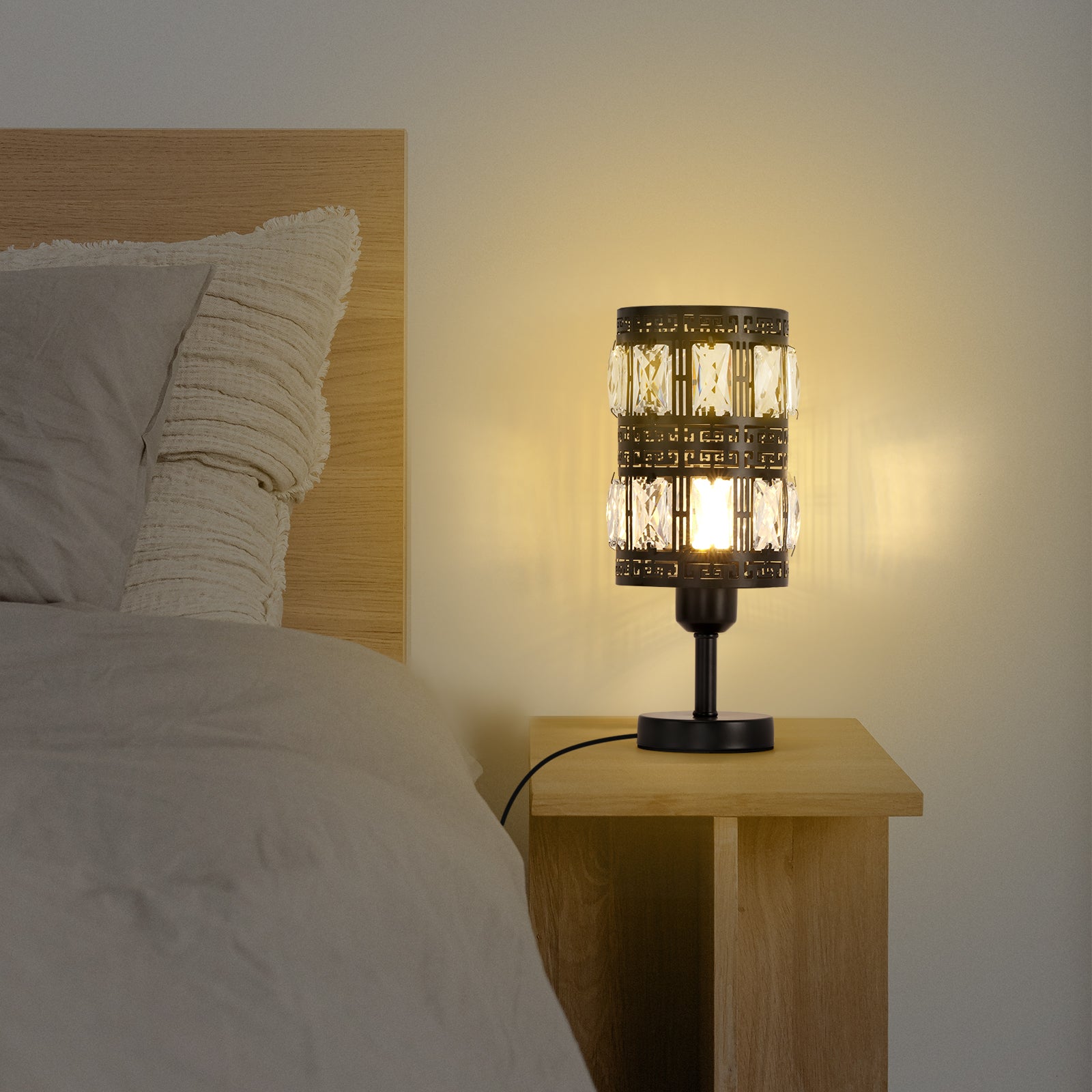 Noir Glamour Crystal Table Lamps | Set of 2 Retro Nightstand Lamps with Precision-Cut Facets
