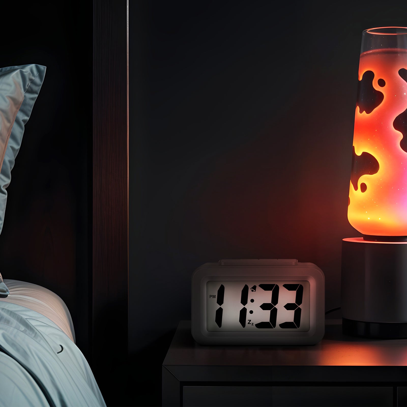 Silver Compact Digital Alarm Clock with Auto Backlight, Snooze & Brightness Dimmer, Battery-Powered LED Clock for Bedside & Desk