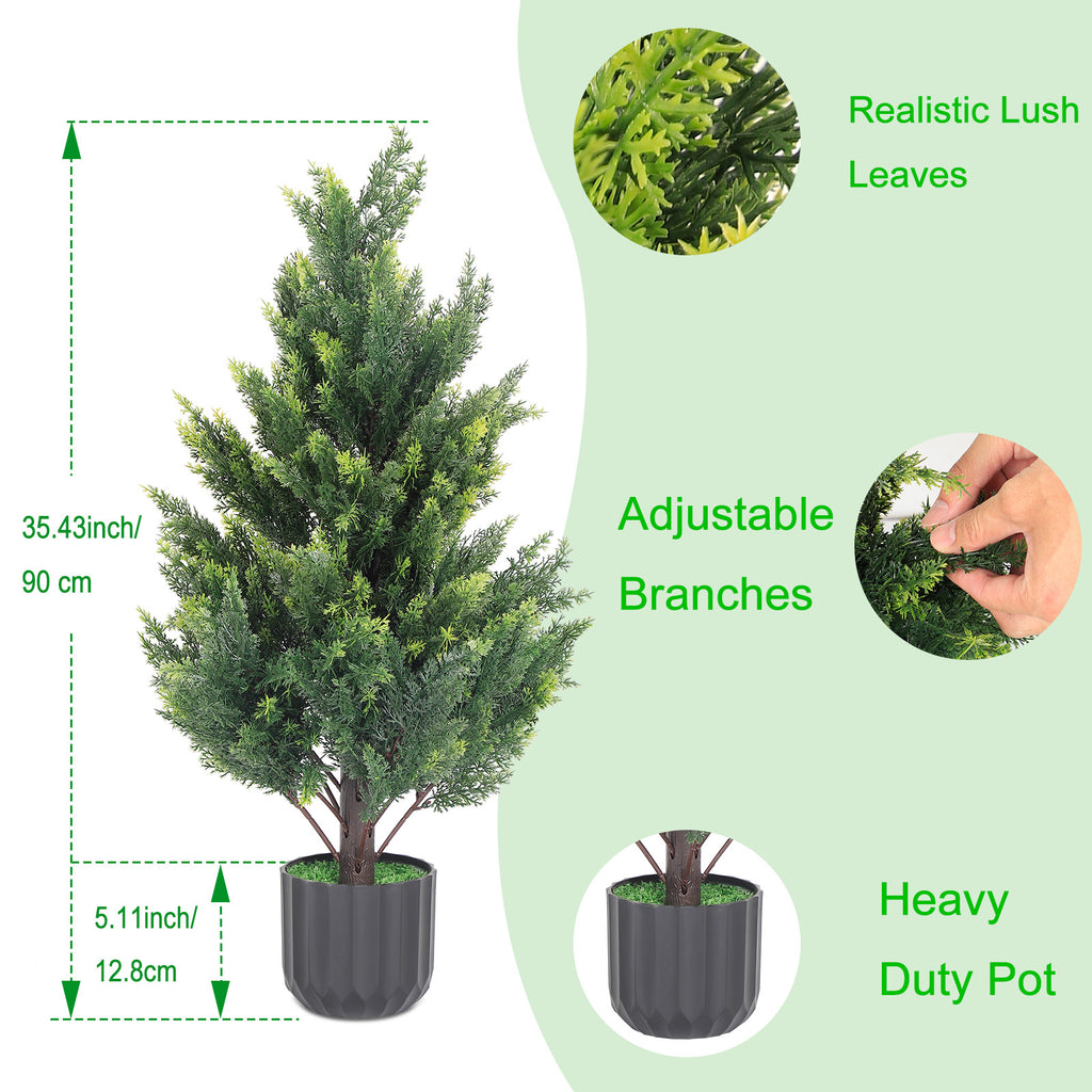 2-Pack 3Ft Artificial Cedar Topiary Trees, Faux Outdoor Cedar Bush in Decorative Pots for Front Porch and Patio,
