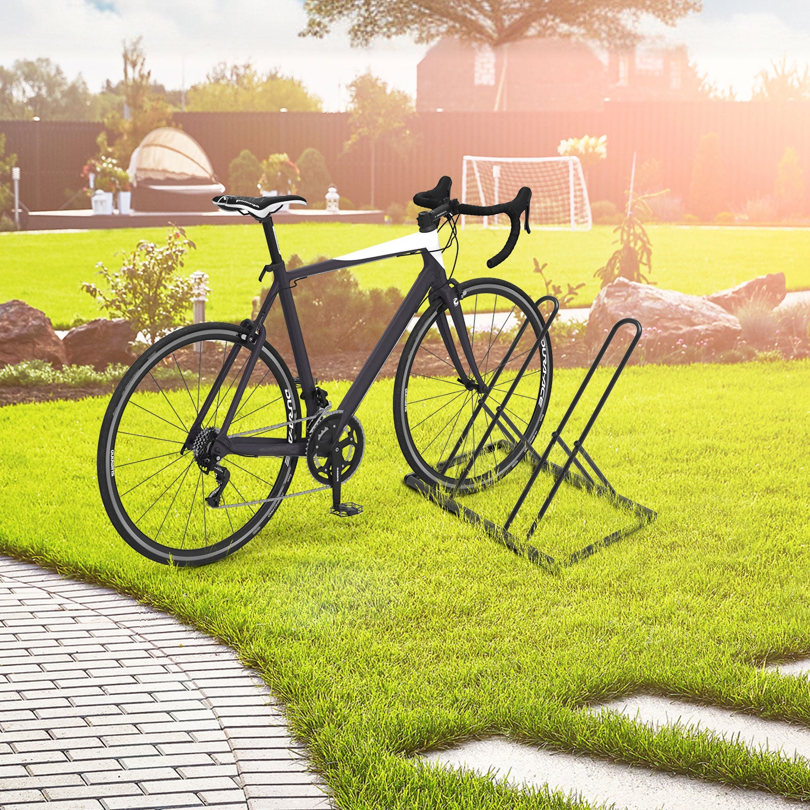 2-Bike Adjustable Floor Parking Rack - Heavy Duty Metal Bicycle Storage Stand for Garage & Outdoor