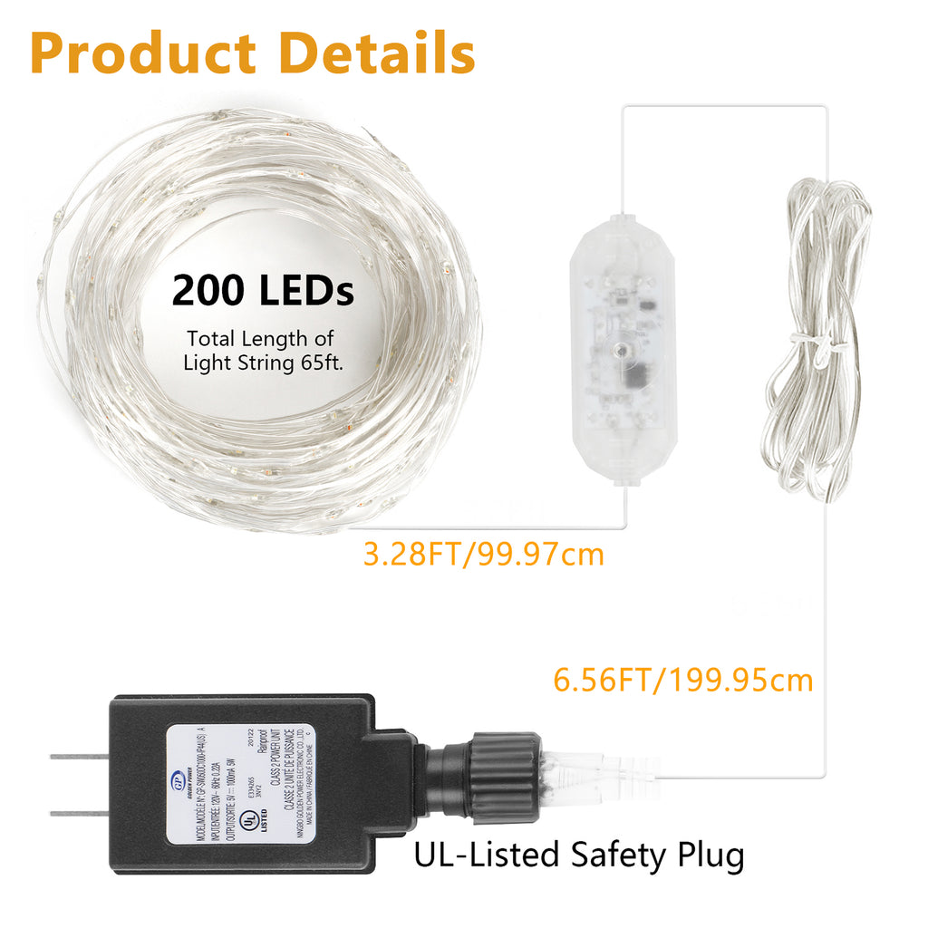 65 FT 200 LED Christmas Fairy String Lights, Plug-in Waterproof Twinkle Lights with Remote, 11 Modes for Indoor/Outdoor Xmas, Party & Home Decor