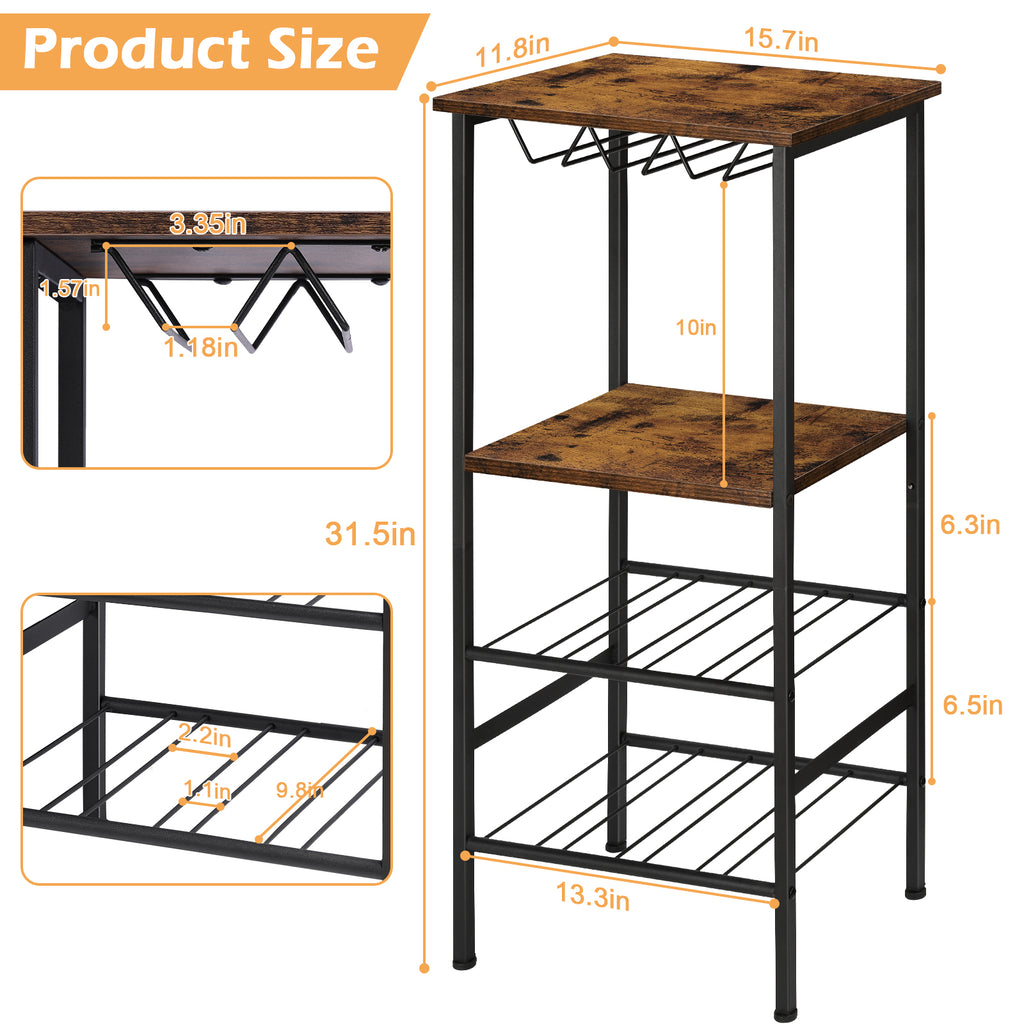 Industrial Floor Wine Bar - 8-Bottle Storage Rack and Stemware Holder in Rustic Brown for Home Kitchen and Dining Areas