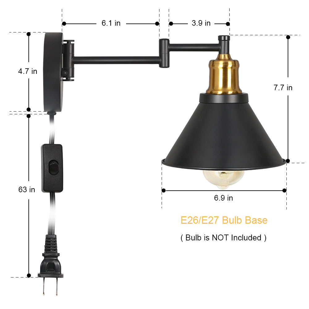 Dimmable Swing Arm Wall Sconces, Plug-in Wall Mounted Lamps - Black & Brass Finish for Bedroom, Living Room, Dorm (Bulbs Not Included)