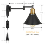 Dimmable Swing Arm Wall Sconces, Plug-in Wall Mounted Lamps - Black & Brass Finish for Bedroom, Living Room, Dorm (Bulbs Not Included)