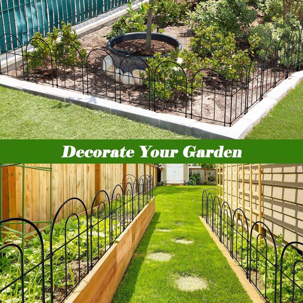 24.5" (H) x 10ft (L) Decorative Garden Fence - 10-Panel Rustproof Metal Border for Animals & Flower Beds, Easy No-Dig Install Yard Fencing, Black