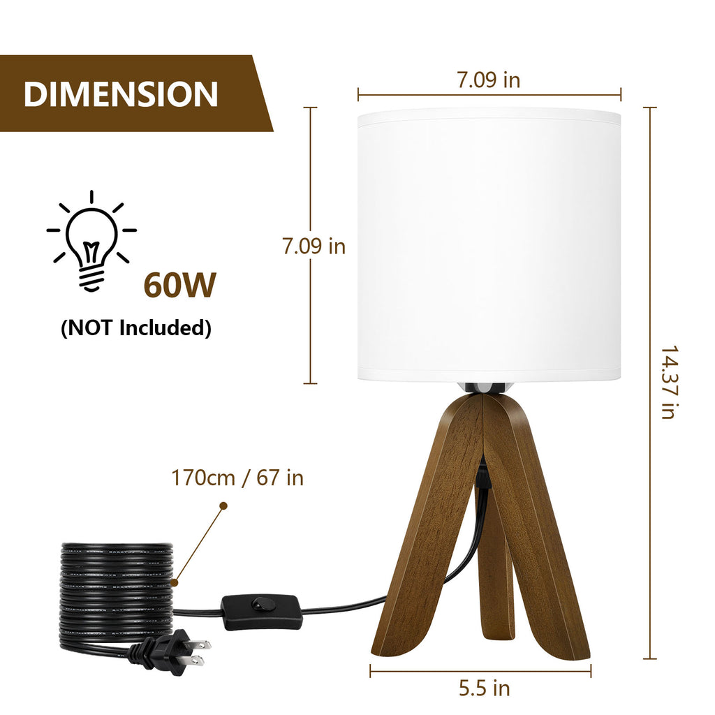 Compact Tripod Base Bedside Light with White Fabric Shade for Kids Rooms and Nursery - Versatile Small Desk Lamp with Brown Base for Bedroom or Study