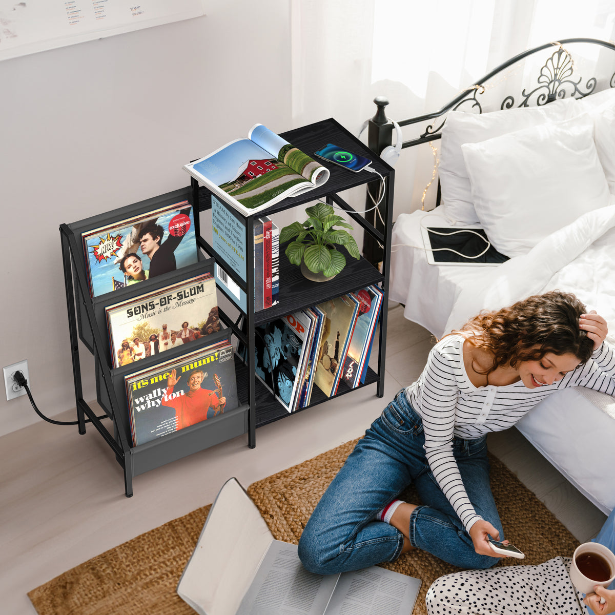 Record Player Table, Turntable Stand with 3-Tier Vinyl Record Storage, Record Player Stand with Charging Station, Vinyl Record Holder Cabinet, End Table Vinyl Records for Living Room, Black