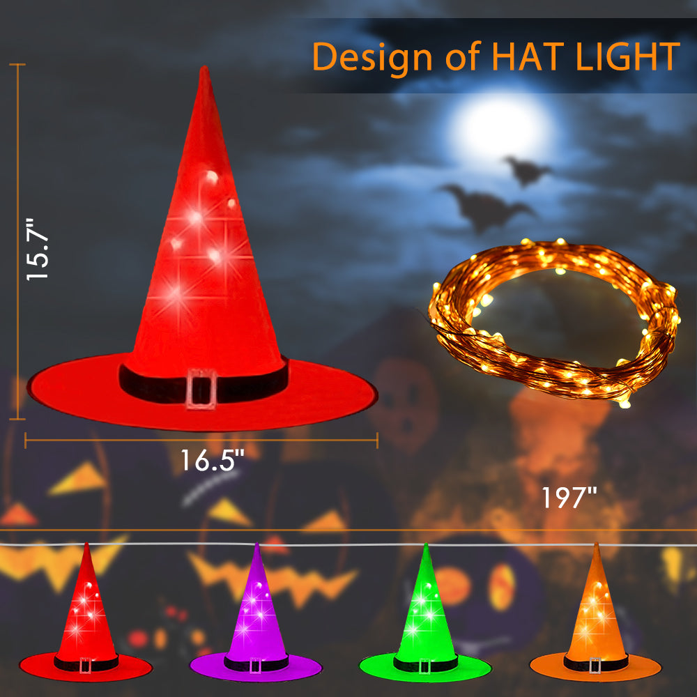 8 light-up witch hats in assorted colors, Halloween outdoor decorations. Each hat can be worn separately to liven up the Halloween atmosphere. Suitable for Halloween decor, parties and role-playing.