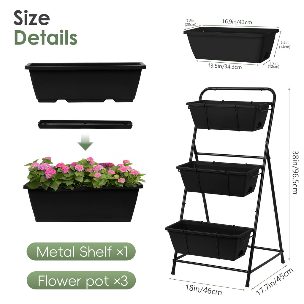3-Tier Black Vertical Garden Planter - Elevated Raised Bed with Drainage System and Removable Trays