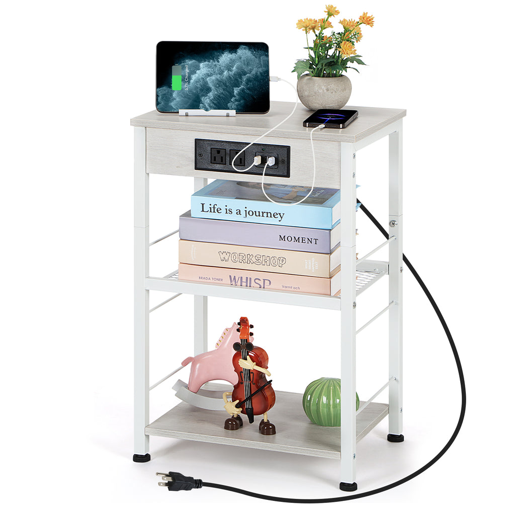 Nightstand with Charging Station Bedroom End Tables with USB Ports and Outlets 3 Tier Bed Side Table with Storage Shelves Farmhouse Night Stand with Power Charging for Living Room Study