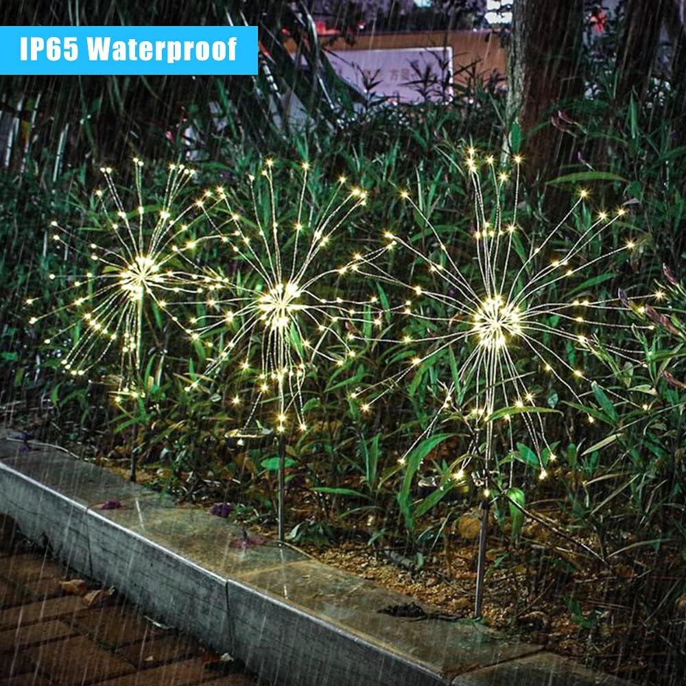 2 Pack Solar Firework Lights - 120 LED Outdoor Garden Decorative Pathway Lights w/ 8 Modes, Warm White