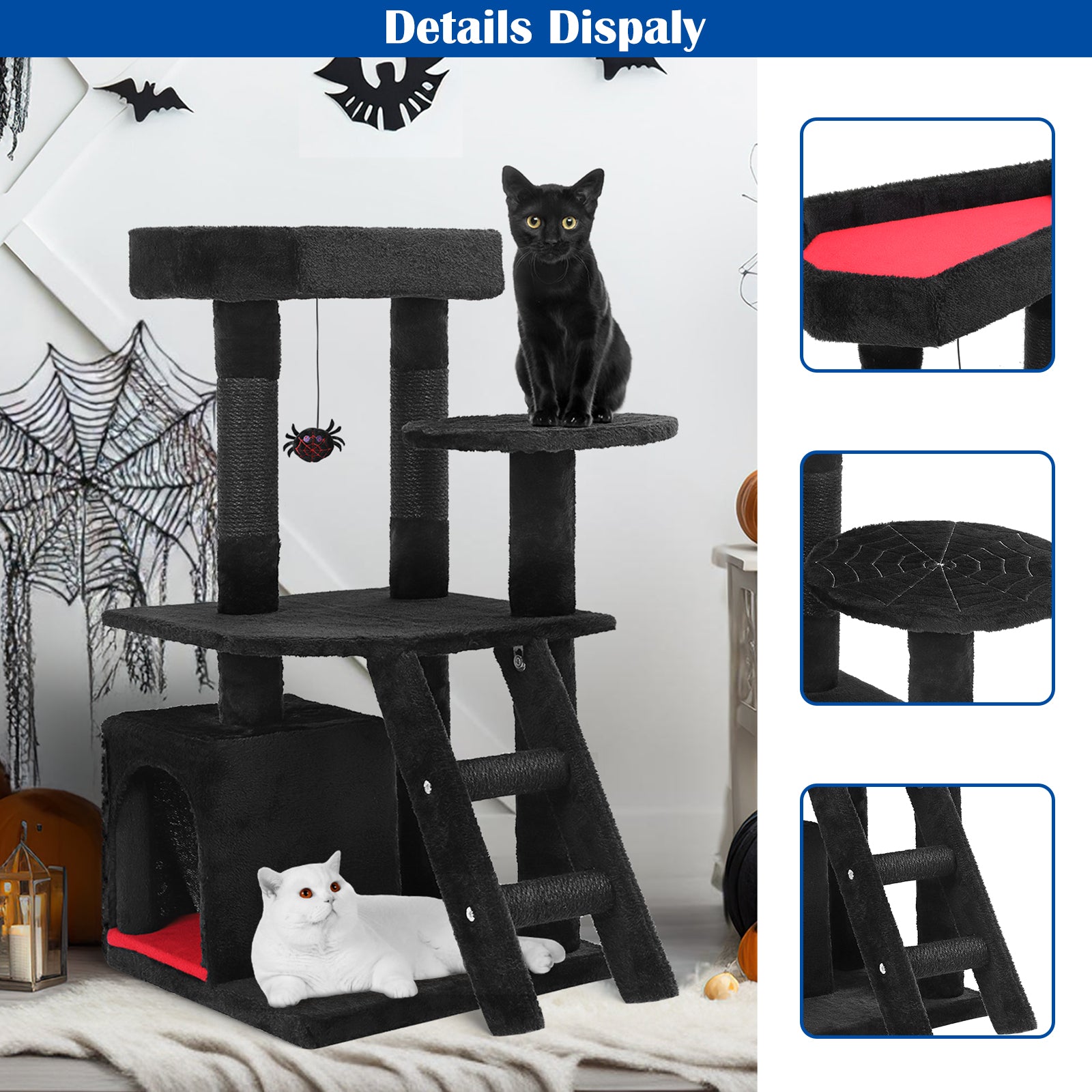 Gothic Cat Tree Tower with Coffin Bed & Spider Toy - 32" Multi-Level Kitty Condo with Scratching Posts & Ladder for Small to Medium Cats, Black