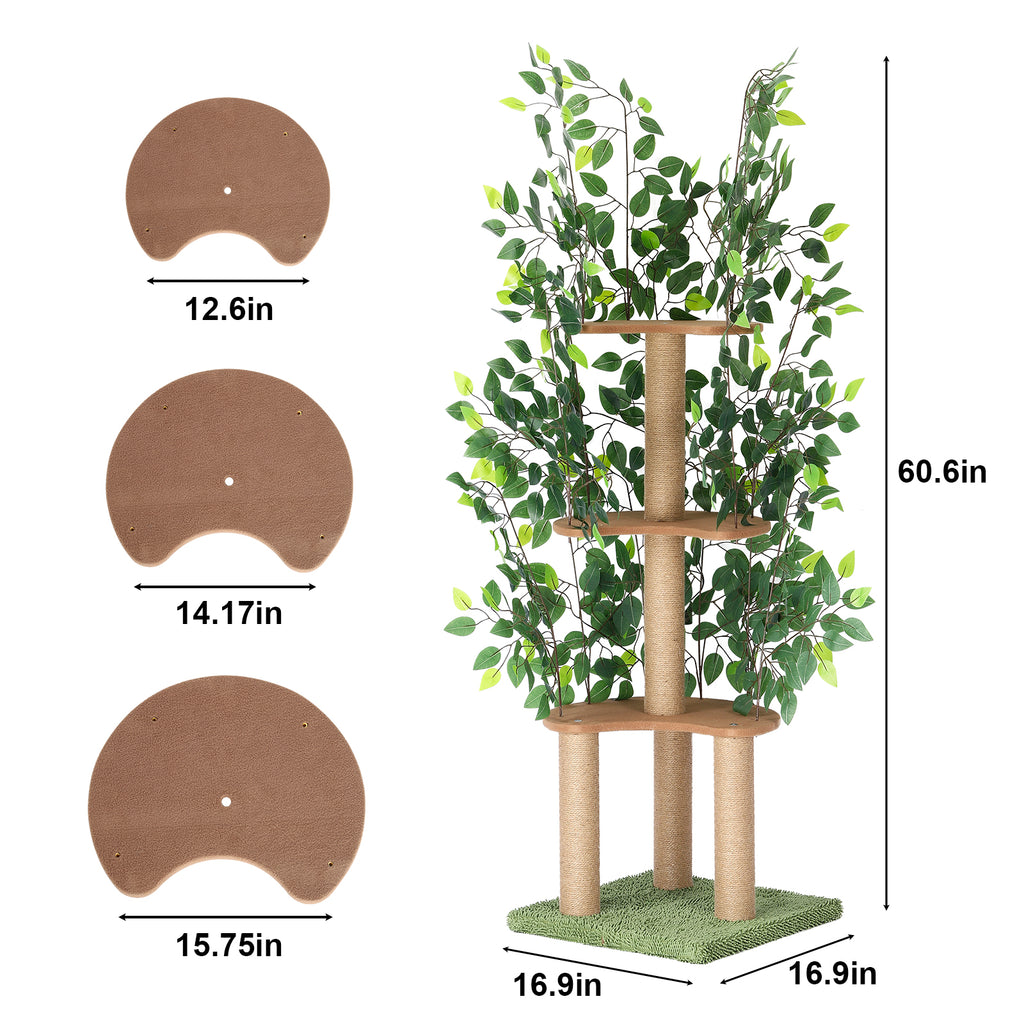 Modern Cat Tree with Artificial Leaves - Multi-Level Cat Tower with Scratching Posts & Hiding Spots
