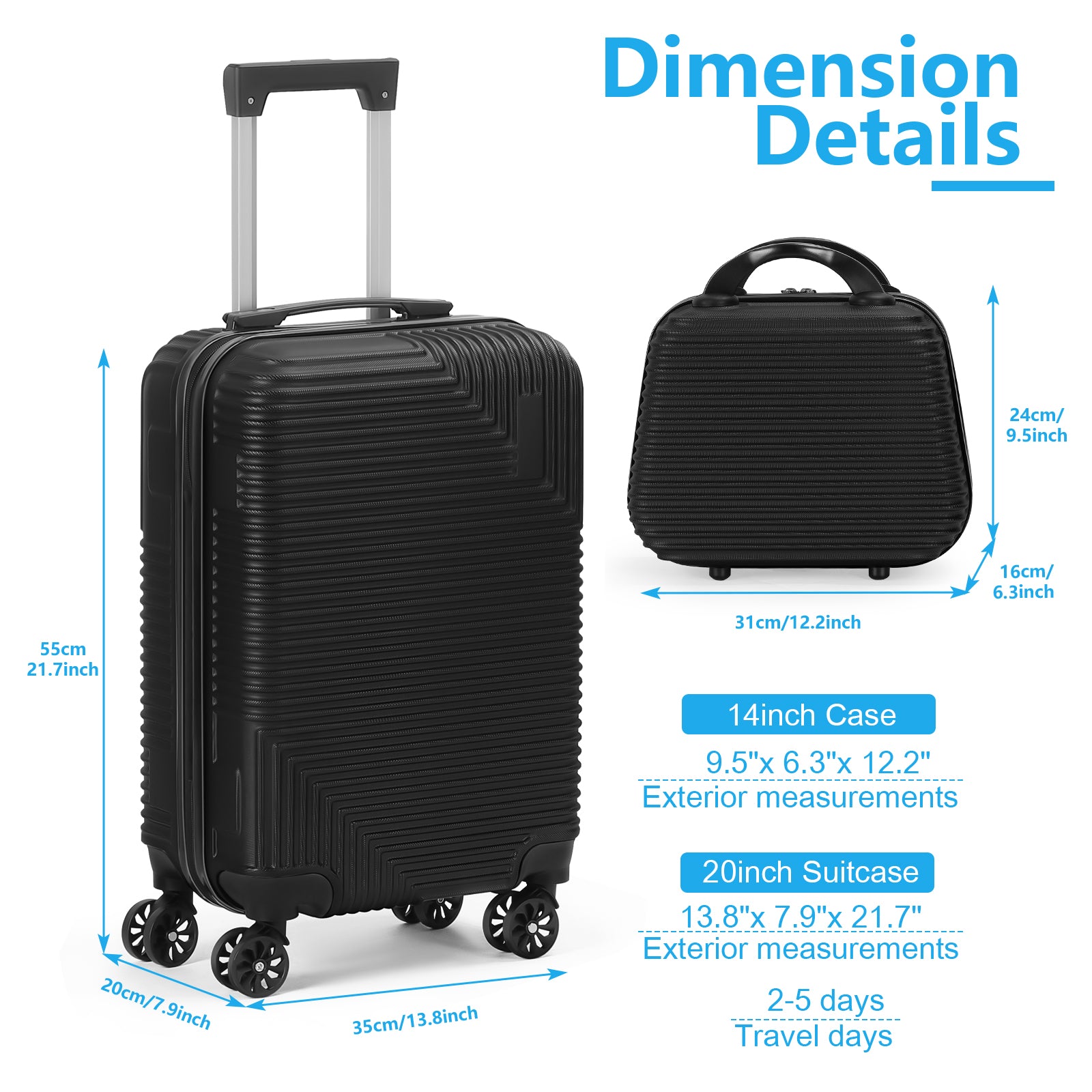 2-Piece Hardside Luggage Set - 20 Inch Carry On Suitcase + 14 Inch Cosmetic Case, ABS Spinner Luggage with Lock (Black/Purple)