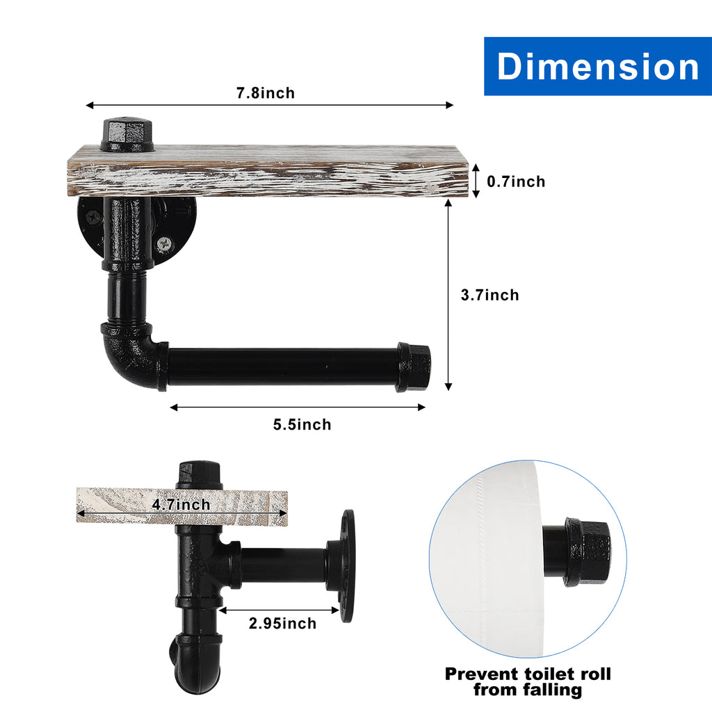 Rustic Whitewashed Wood Industrial Pipe Toilet Paper Holder-Wall-Mounted Tissue Dispenser with Shelf.