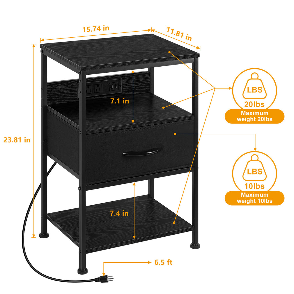 3-Tier Nightstand with Charging Station (2-Pack) - Modern Black End Tables for Bedroom, Dorm & Office