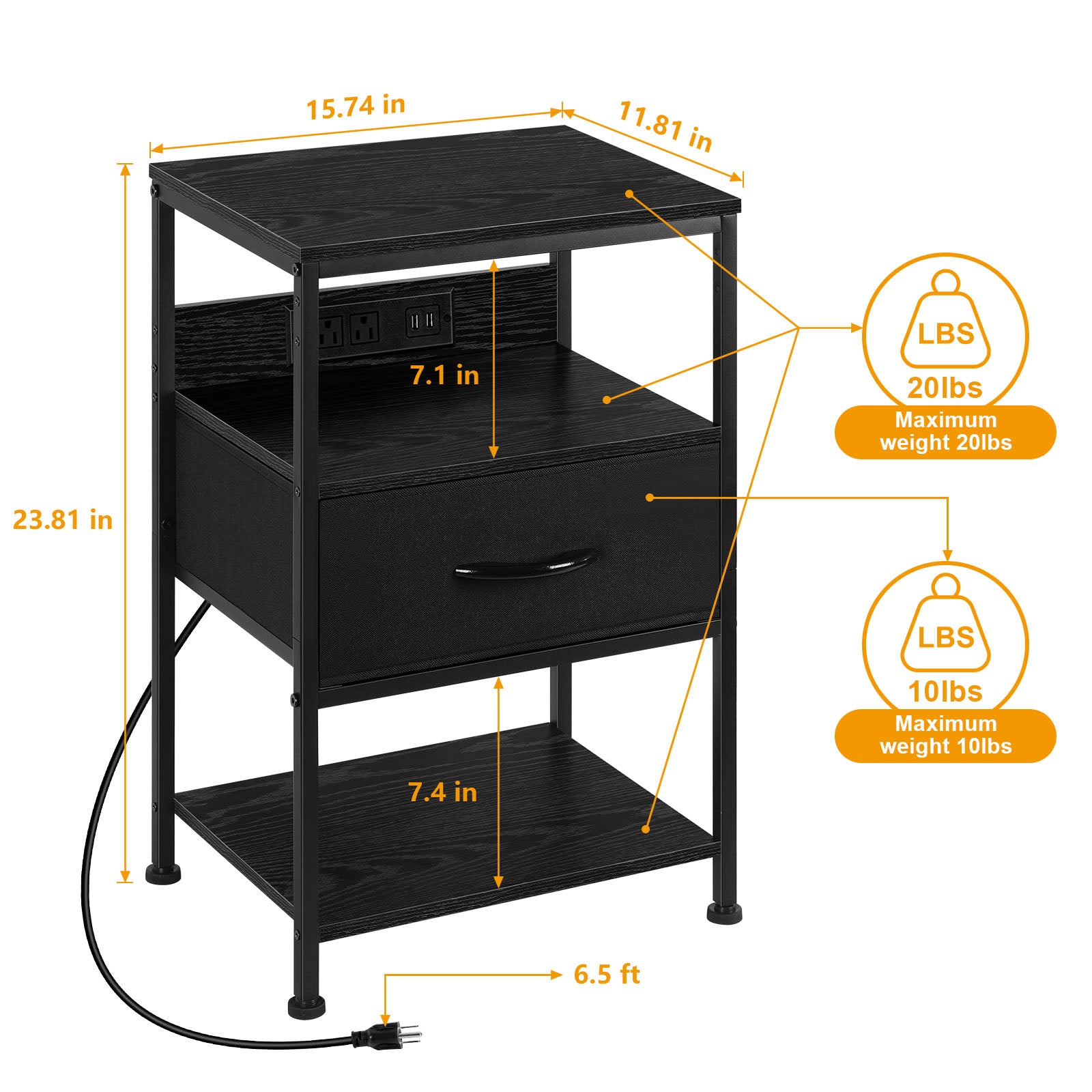3-Tier Nightstand with Charging Station (2-Pack) - Modern Black End Tables for Bedroom, Dorm & Office
