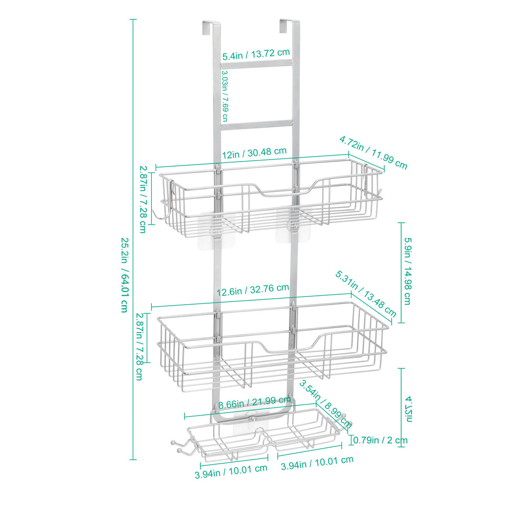 Over the Door Shower Caddy, Hanging Organizer Shelf Rustproof, Shower Basket with Suction Cup, Bathroom Shower Caddy Over The Door with Hook & Soap Box, No Drilling(3 Tier, Silver)